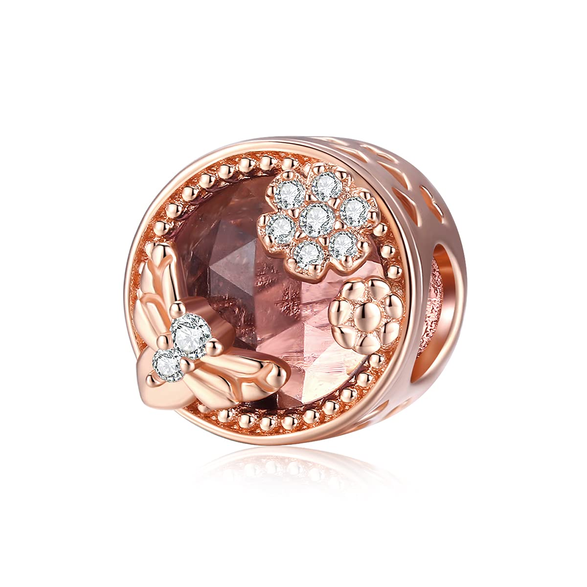 925 Sterling Silver Autumn Rose Pink Crystal & CZ Heart Charm Beads with Birthstone - Compatible with Pandora Bracelets - Perfect for Gifts, Birthdays & Jewelry Making
