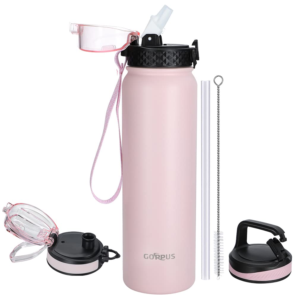 GOPPUS 32 oz Insulated Stainless Steel Water Bottle with Straw & Wide Mouth Lid - Double Wall Vacuum, Leakproof, Reusable Metal Sports Bottle with Strap (Pink, 3 Lids) - Perfect for Gym, Hiking, Running & Outdoor Activities