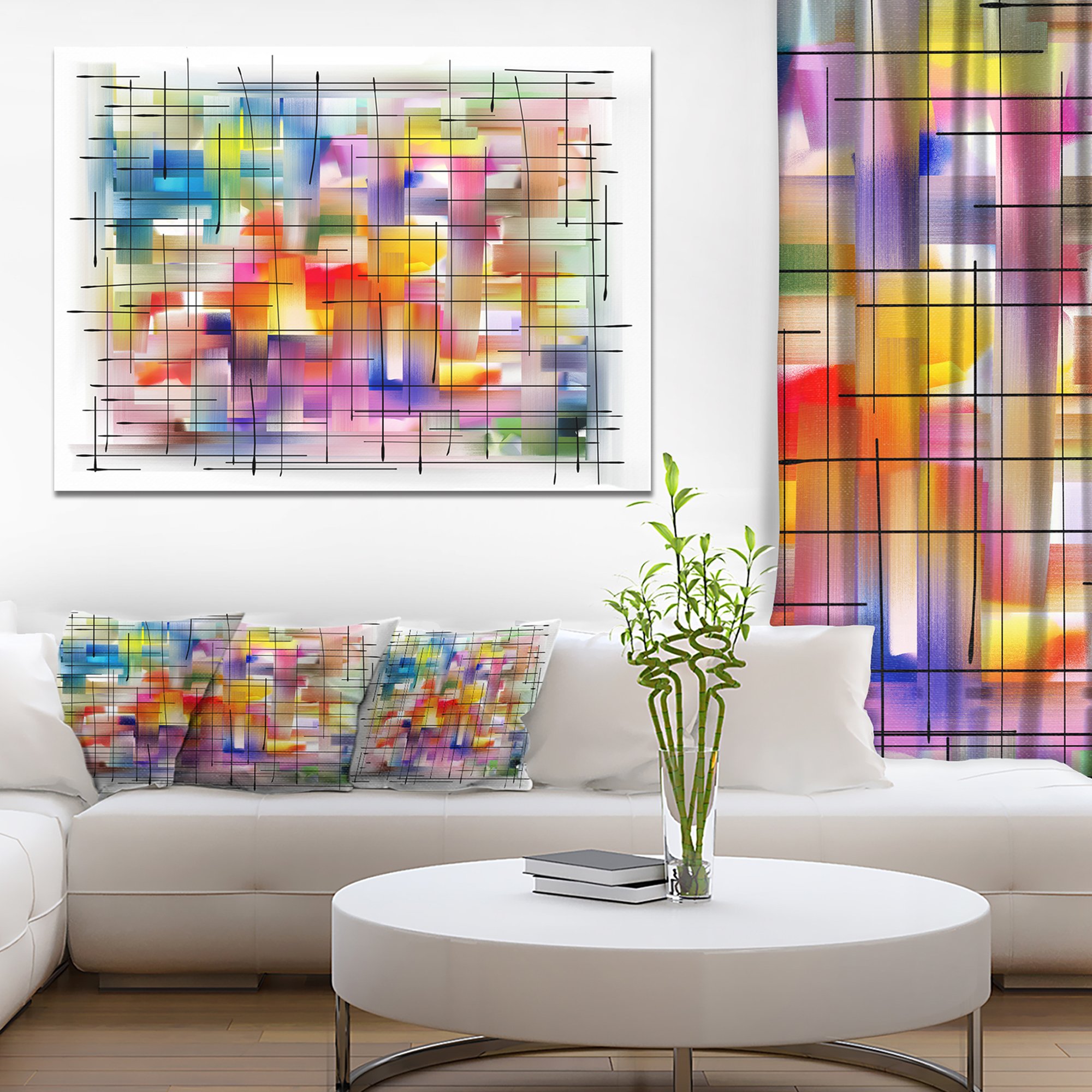 Abstract Grid Canvas Painting with Colorful Stain Design - Modern Wall Art for Living Room, Bedroom & Office Decor