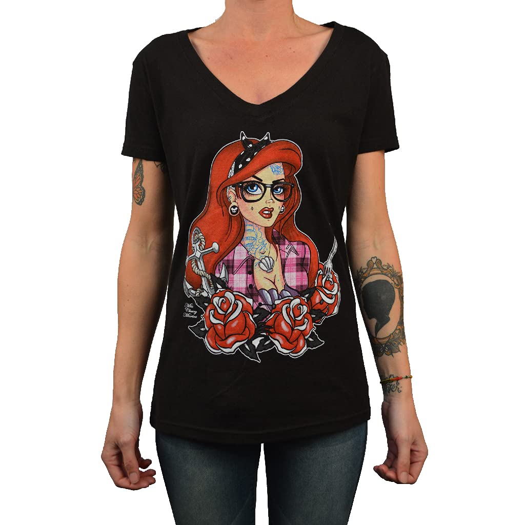 Women's Little Mermaid Tattoo Art Black T-Shirt - Ariel Design by Miss Cherry Martini | Casual Wear, Cosplay, Disney Fan Gift, Beach Outfit