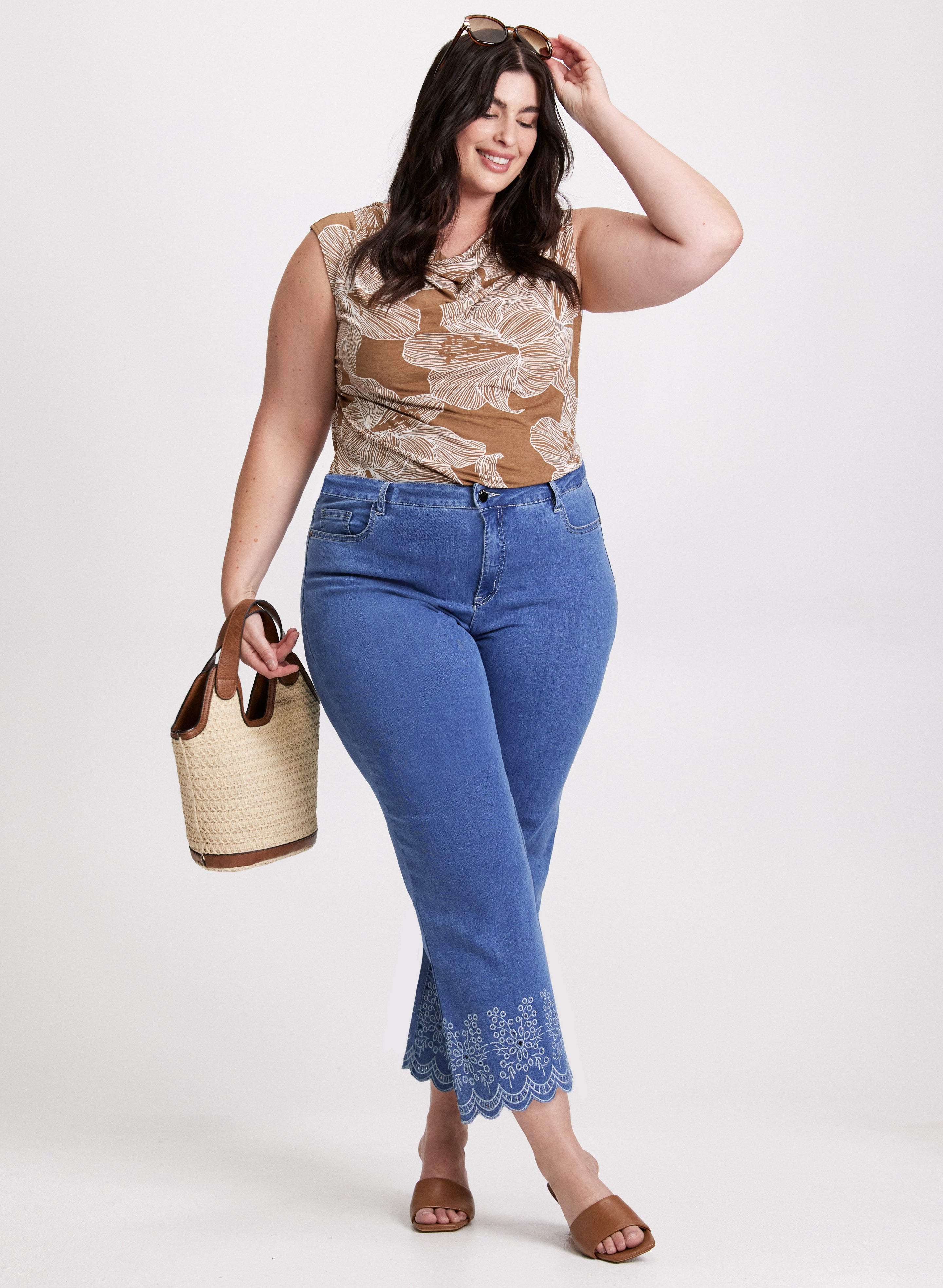 Floral Print Cowl Neck Blouse & Embroidered Hem Culotte Jeans for Women - Boho Chic Outfit for Date Night and Casual Wear