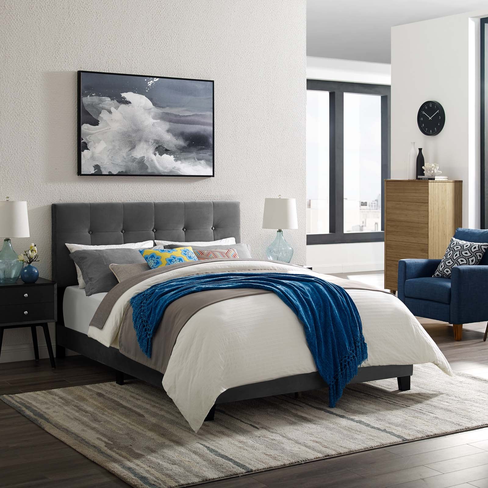 Amira Performance Velvet Bed - Luxury Soft Velvet Upholstered Queen/King Size Bed Frame with Sturdy Wooden Slats - Perfect for Modern Bedroom, Guest Room or Master Suite Decor