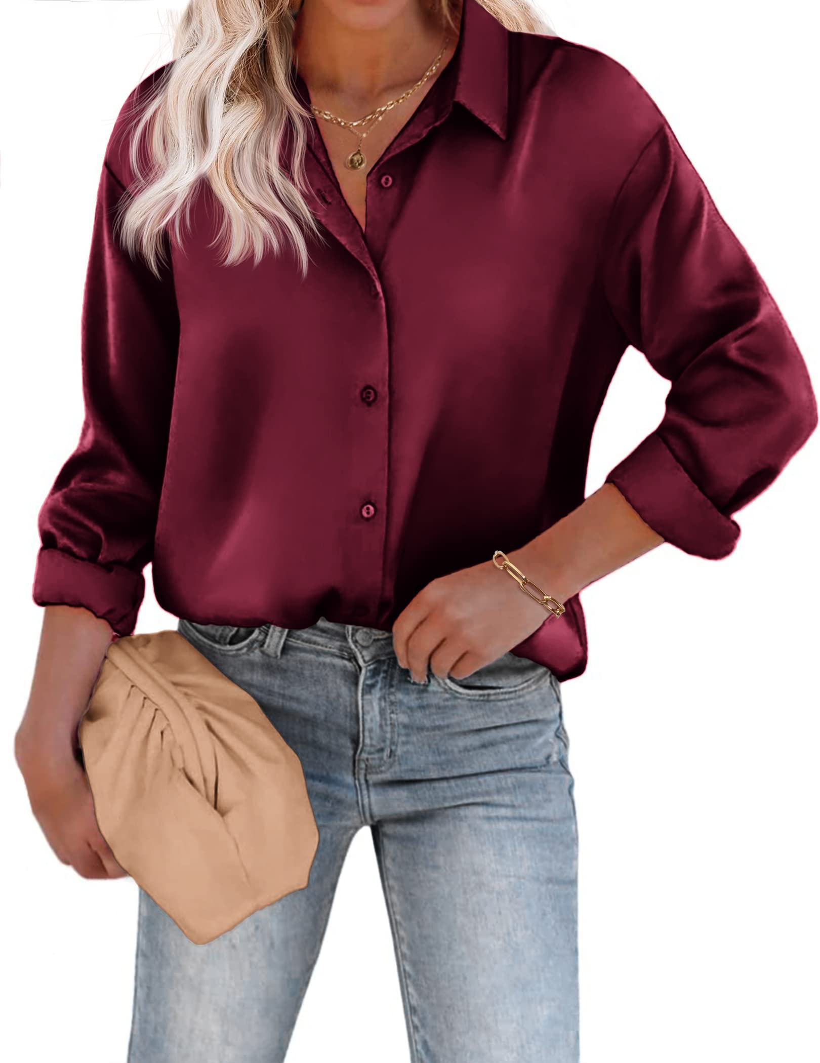 Chigant Women's Satin Silk Blouse - Button Down Long Sleeve Shirt for Office Work & Casual Wear - Elegant Loose Tunic Top for Business Meetings, Date Nights and Professional Occasions