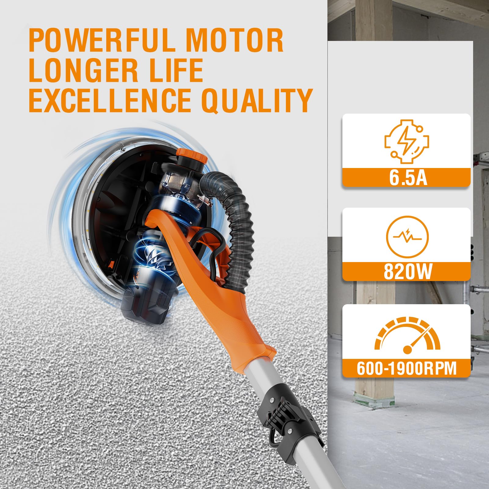 MAXXT Electric Drywall Sander with Vacuum Dust Collection - 6-Speed Adjustable (600-1900RPM) Wall Sander for Popcorn Ceiling Removal, Includes LED Light & 18 Sanding Discs - Perfect for Home Renovation, Drywall Repair and DIY Projects