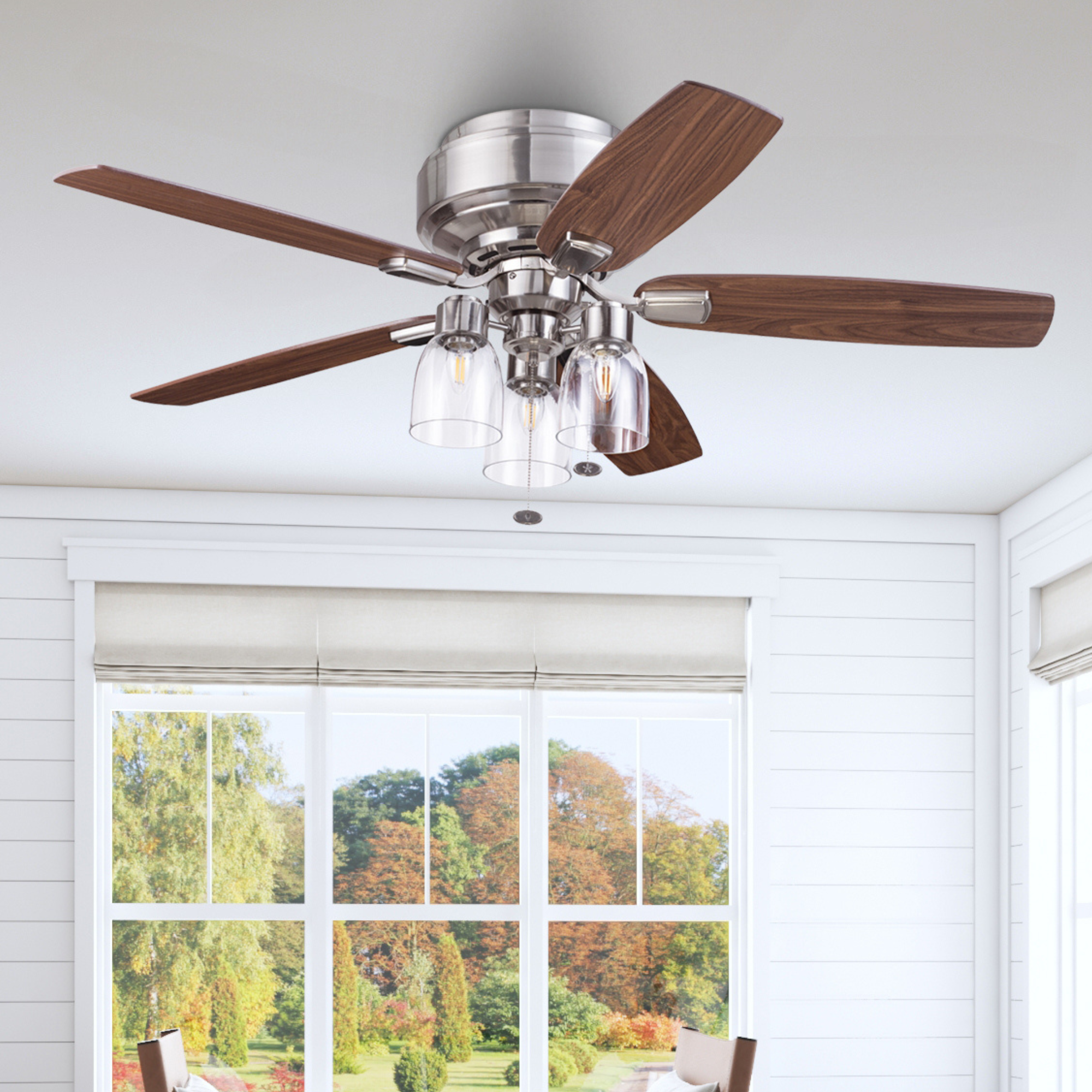 52 Inch Brushed Nickel Ceiling Fan with Pull Chain & Quick Attach™ - Modern Low Profile Flush Mount Fan for Bedroom, Living Room, and Office