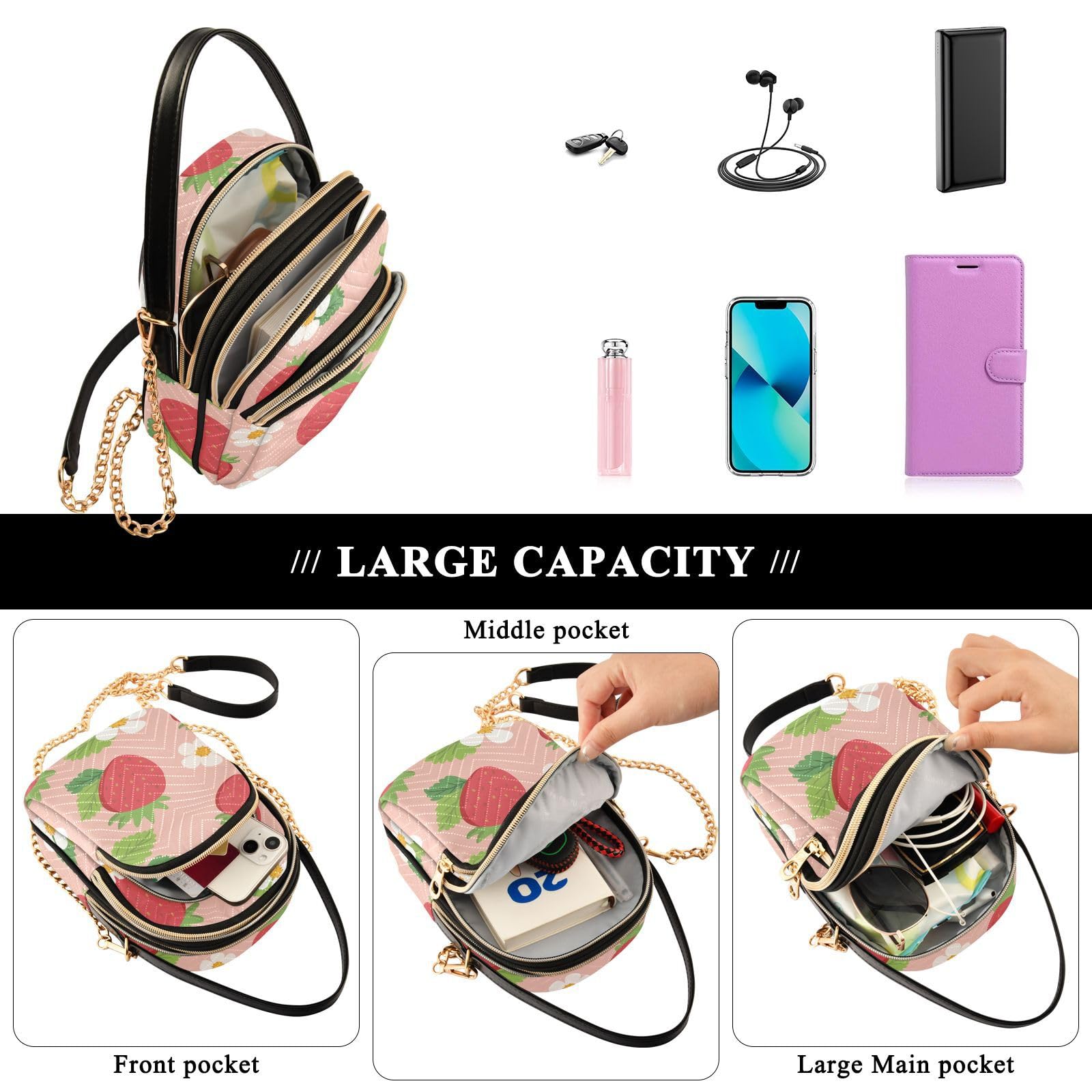 Stylish Mnsruu Women's Crossbody Bag - PU Leather Strawberry Floral Print Small Shoulder Purse with Adjustable Strap & Multi-Pockets | Perfect for Daily Use, Travel, Shopping & Casual Outings
