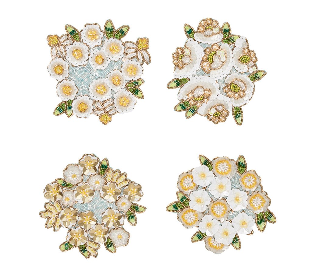 Sky Blue, White & Yellow Gardenia Drink Coasters Set of 4 with Gift Bag - Perfect for Home Decor, Tea Parties & Wedding Favors