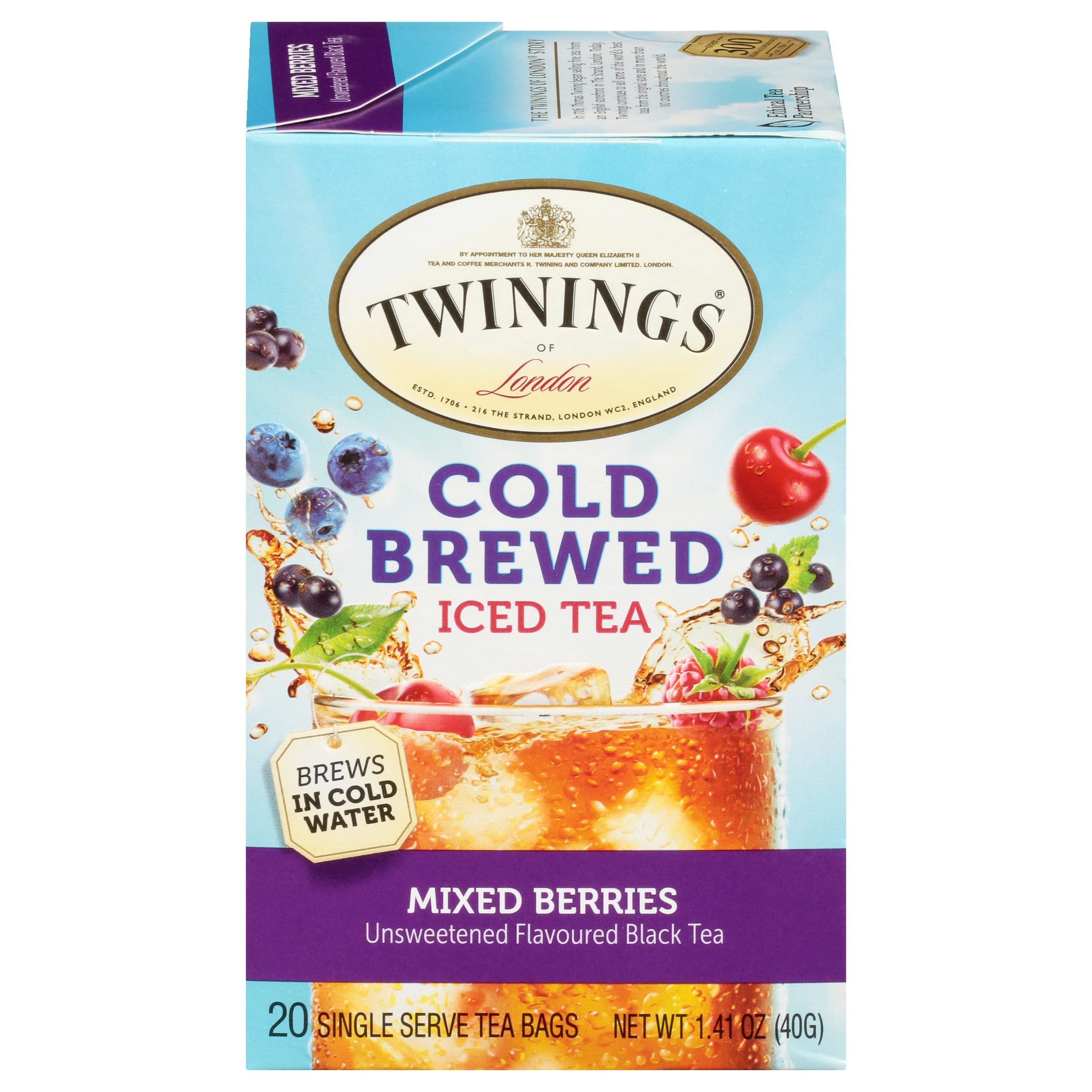 Twinings Mixed Berries Cold Brew Iced Tea Bags - Unsweetened Flavored Black Tea with Caffeine, 20 Count (Pack of 6) | Refreshing Summer Drink for Picnics, Office & Home Relaxation