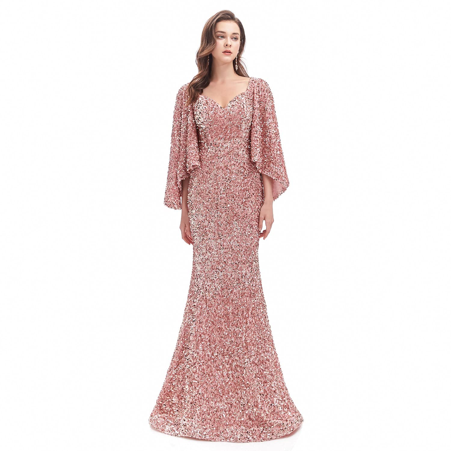 Elegant Women's Sequins Evening Dress - Mermaid Style V-Neck African Flared Sleeves Prom Party Gown for Formal Events & Special Occasions