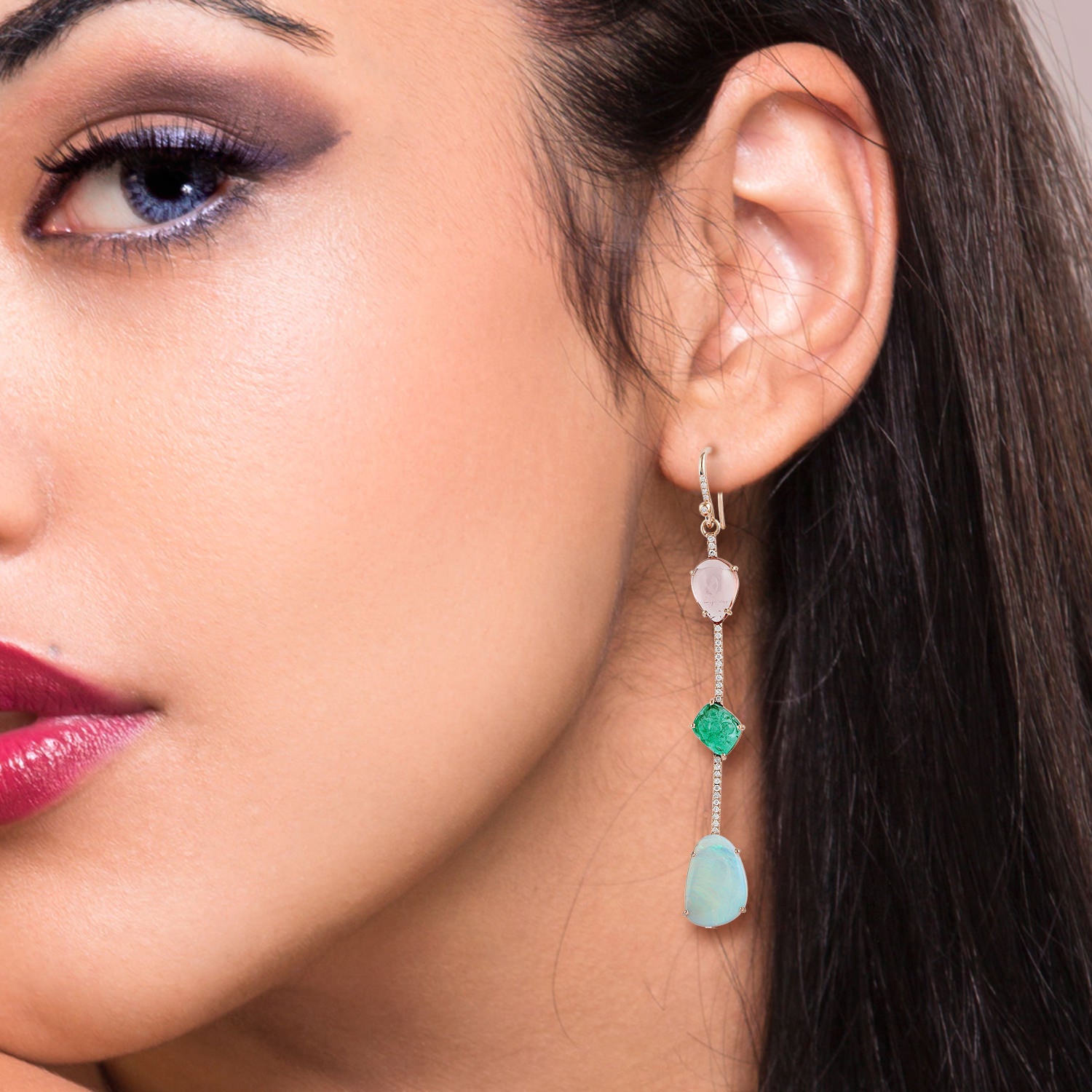 18K Rose Gold Pink Tourmaline & Emerald Cabochon Earrings with Ethiopian Pave Diamonds - Elegant Dangle Hook Earrings for Women, Perfect for Weddings, Parties & Special Occasions