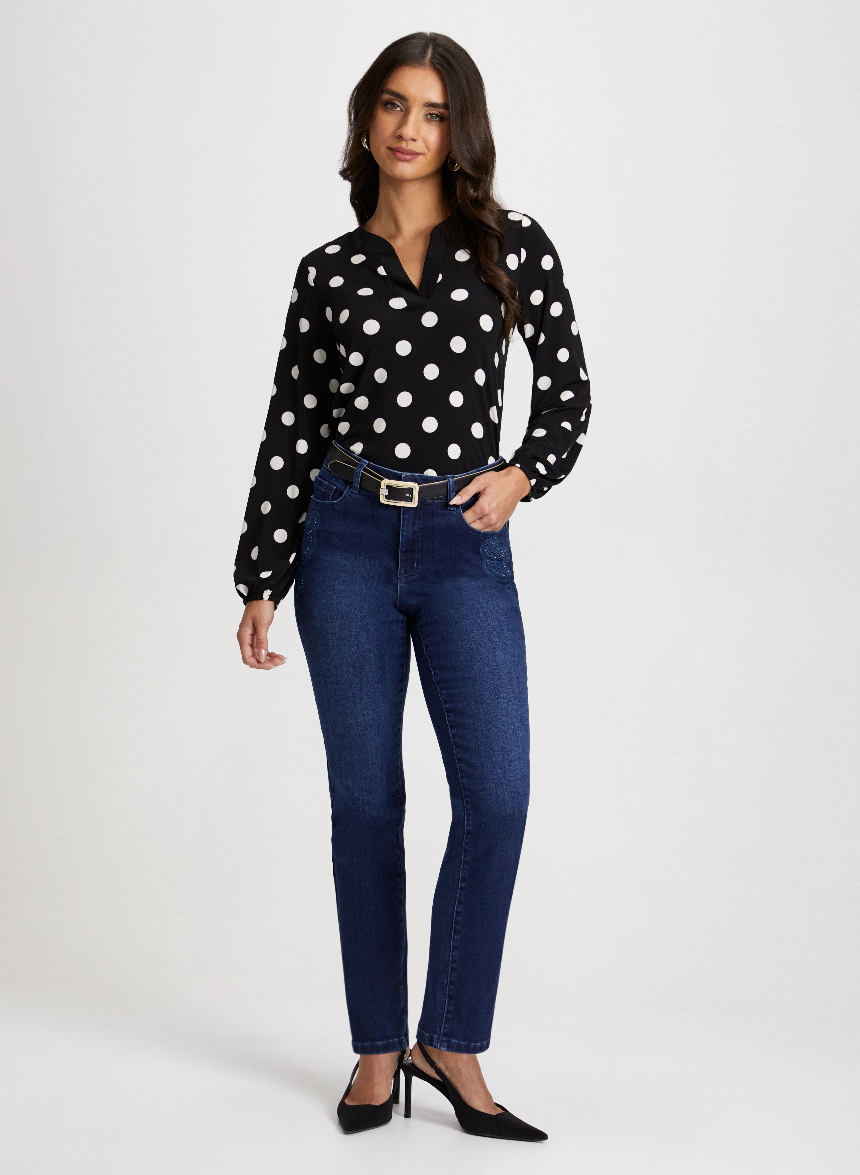 Dot Motif Top & Embroidered Jeans Set - Stylish Floral Print Blouse and Distressed Denim Pants for Women | Perfect for Casual Outings, Date Nights and Streetwear Fashion
