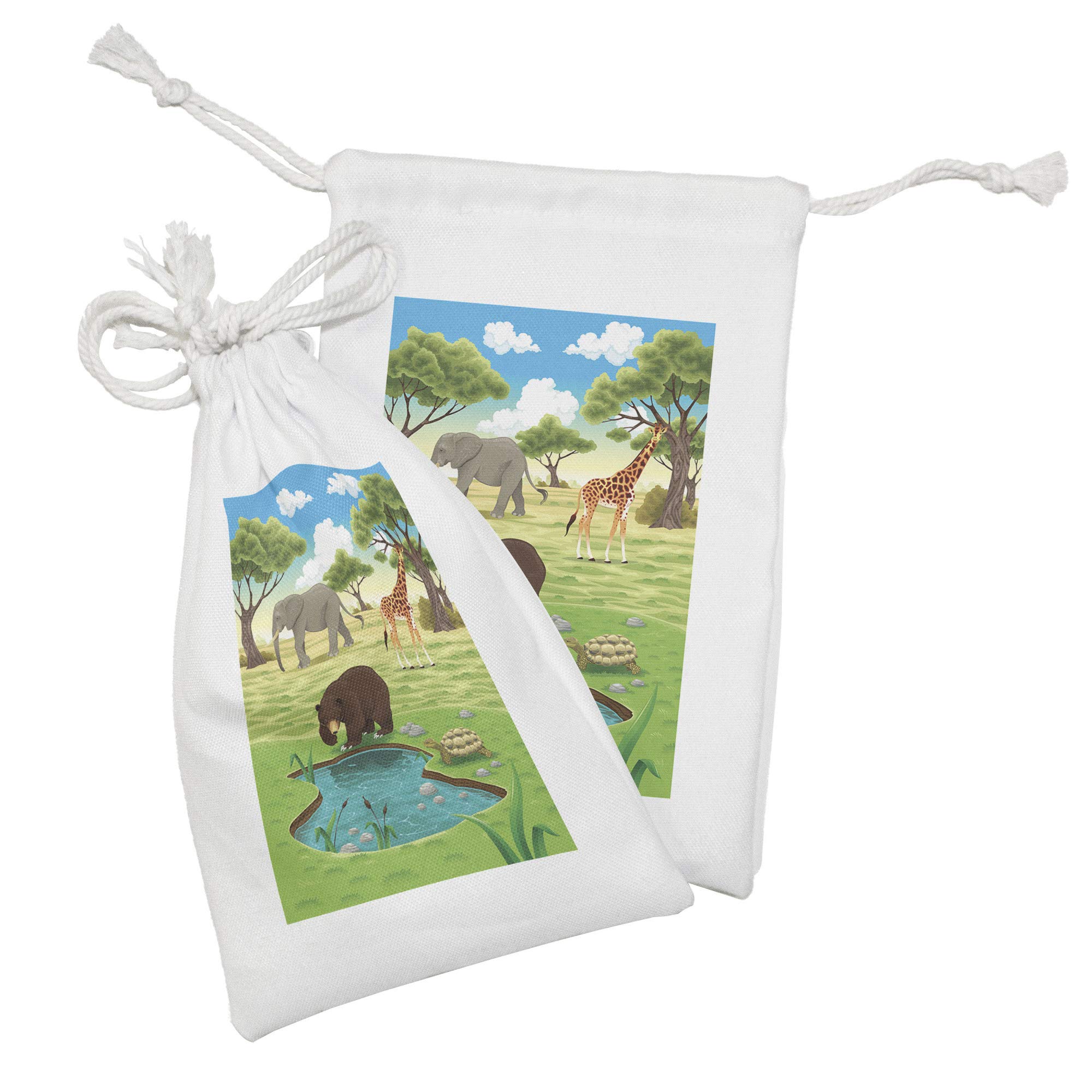 Ambesonne 2-Pack Turtle Fabric Drawstring Pouches - Jungle Bear Giraffe Tree & Pond Print - 9