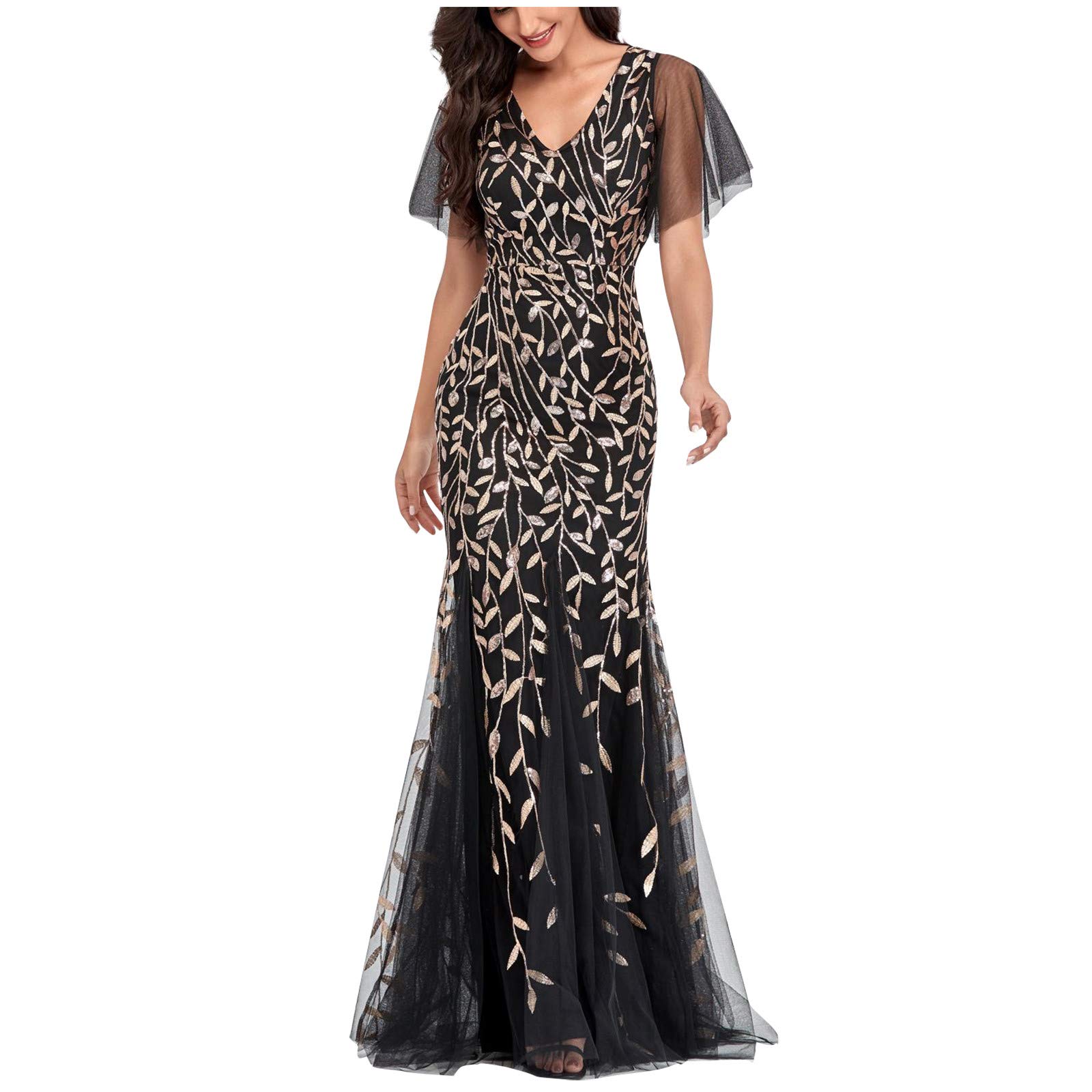 Elegant Women's V-Neck Formal Long Sleeve Midi Dress with Front Split - Solid Color Evening Gown for Parties, Weddings & Special Occasions