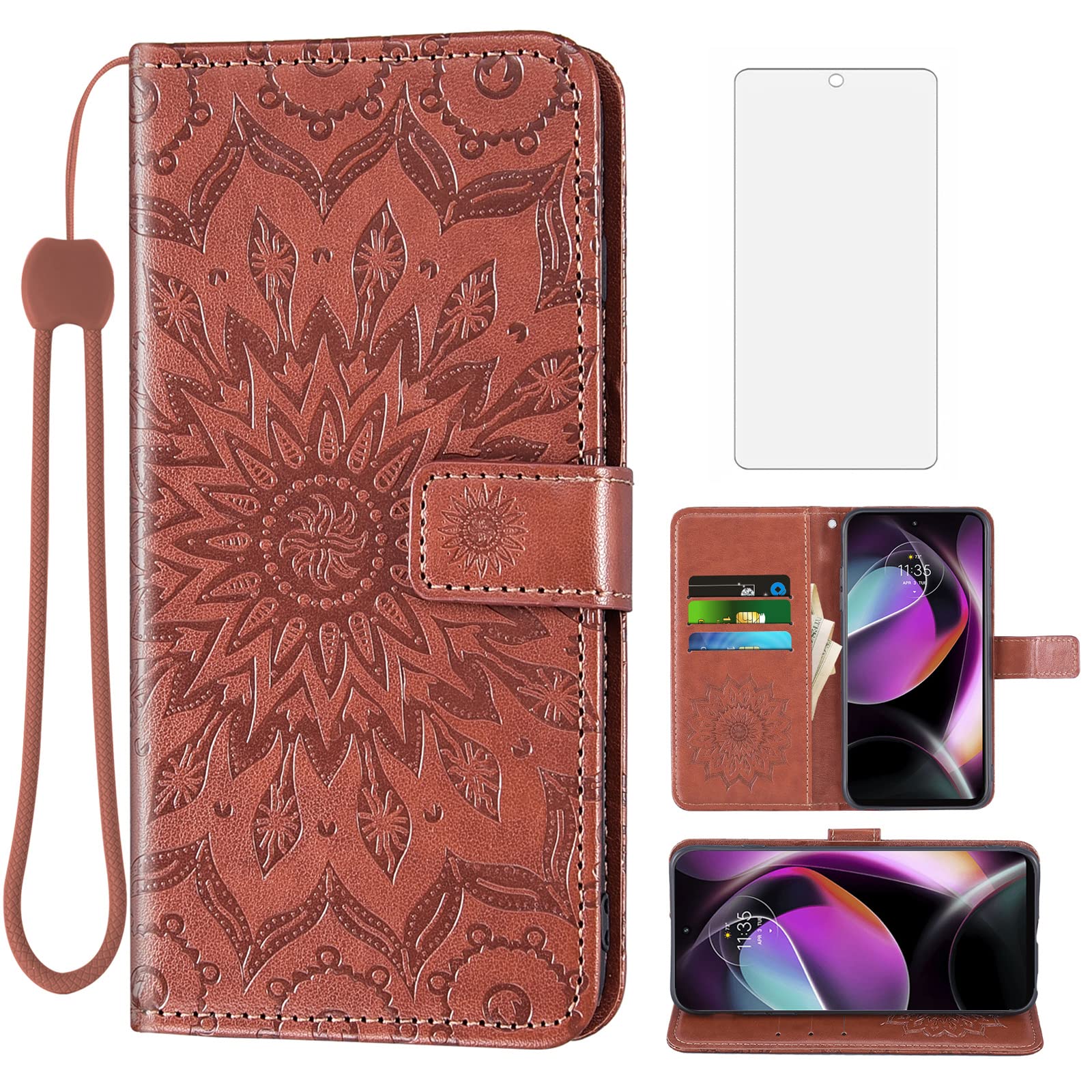 Premium Leather Wallet Phone Case for Motorola Moto G 5G 2022 (XT2213-3/XT2213-2) - Slim Flip Cover with Card Holder & Tempered Glass Screen Protector - Perfect for Work, Travel & Daily Use (Brown, Unisex)
