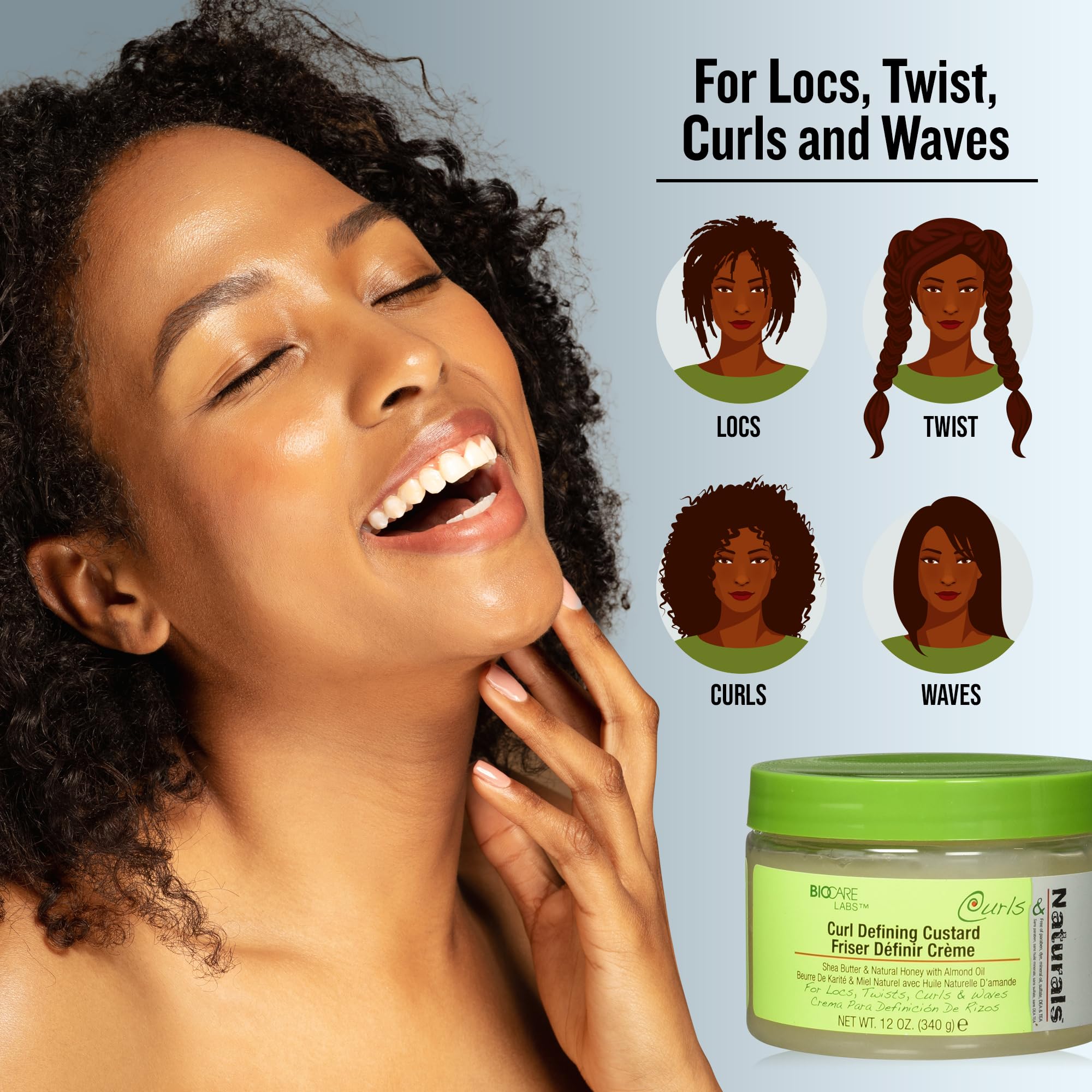 BioCare Labs Curl Defining Custard - Natural Hair Styling Gel with Shea Butter, Honey & Almond Oil for Smooth, Moisturized Curls - Curl Enhancer Cream for Defined Styles - Perfect for Wash & Go, Twist Outs, and Bouncy Curls