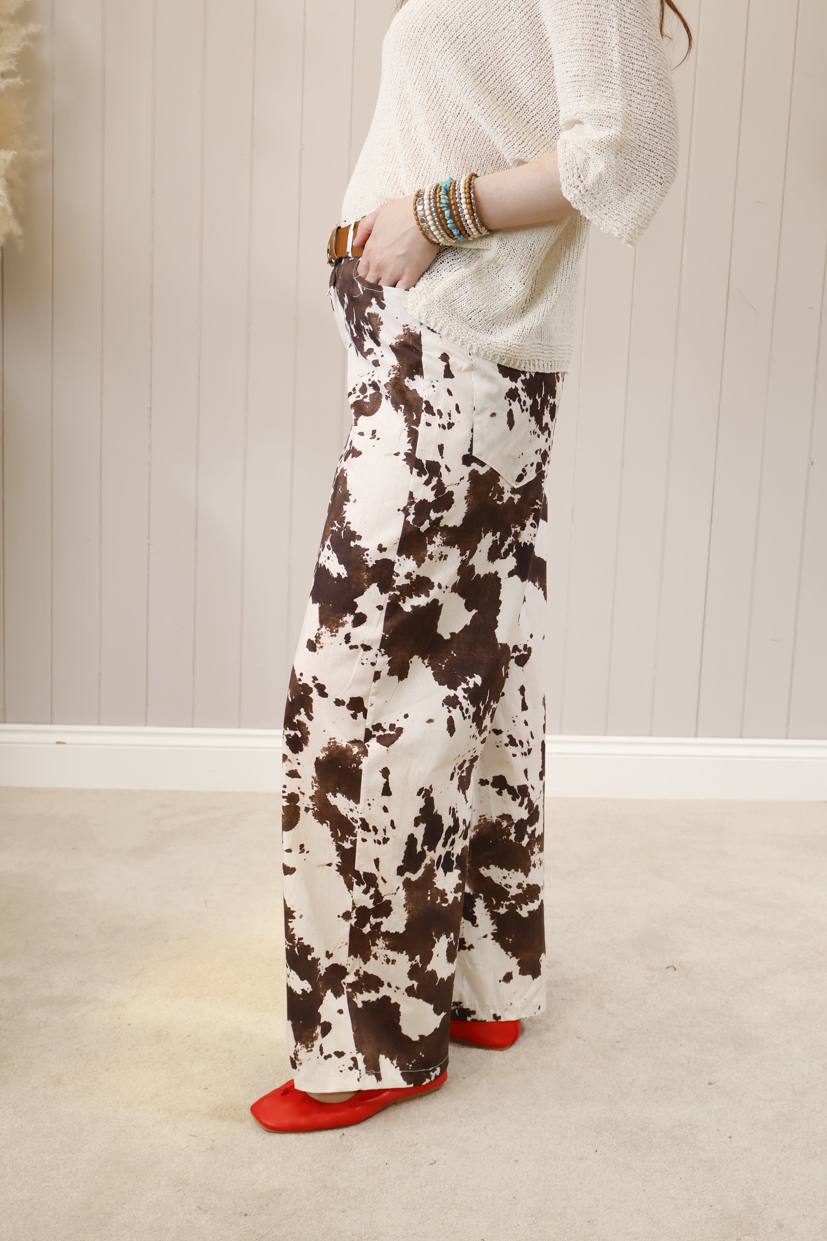 Stylish Wide Leg Cow Print Trousers for Women - Trendy Animal Print High Waist Pants - Perfect for Casual Outfits, Office Wear & Fashion Street Style