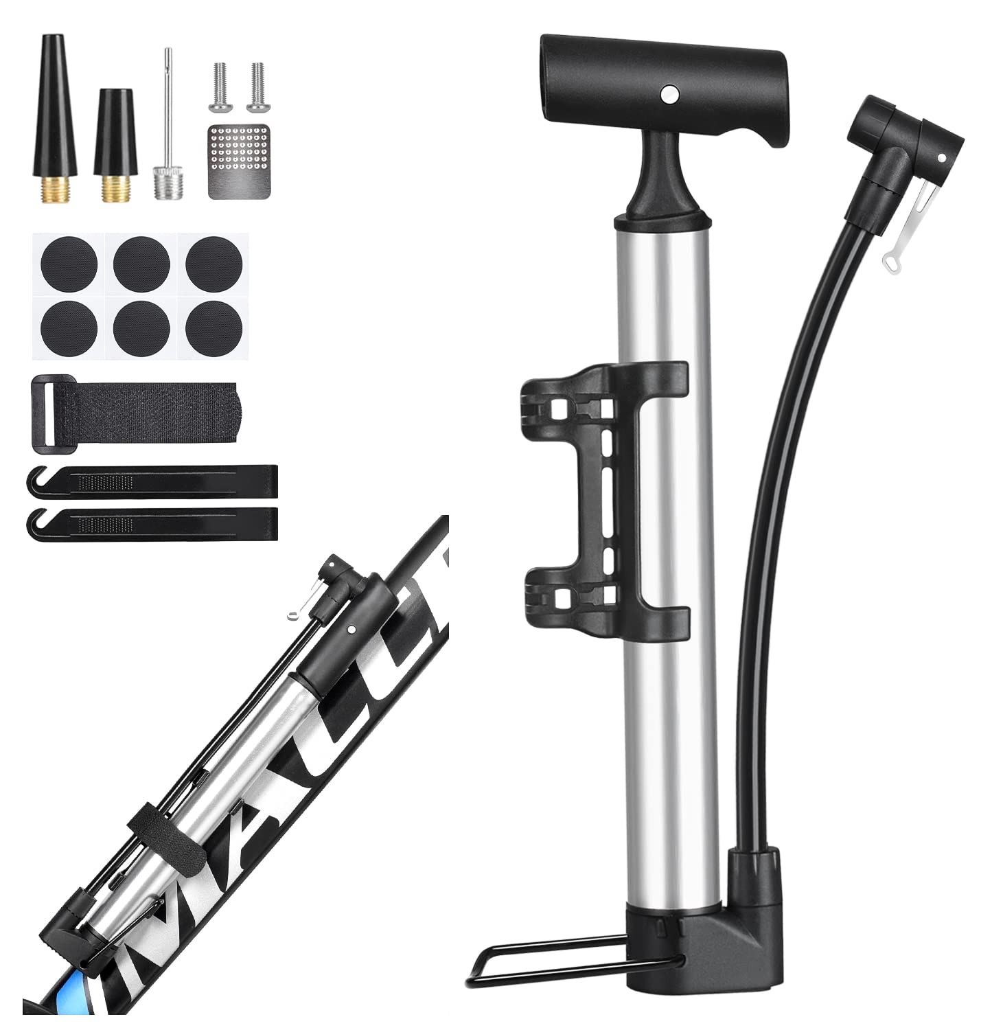 HOPENE Mini Bike Tire Pump - High Pressure Hand Pump for Bicycle, Mountain Bike, Baby Stroller & Sports Balls | Includes 2 Tire Levers & Patch Kit | Perfect for Road Trips, Cycling Adventures & Emergency Repairs