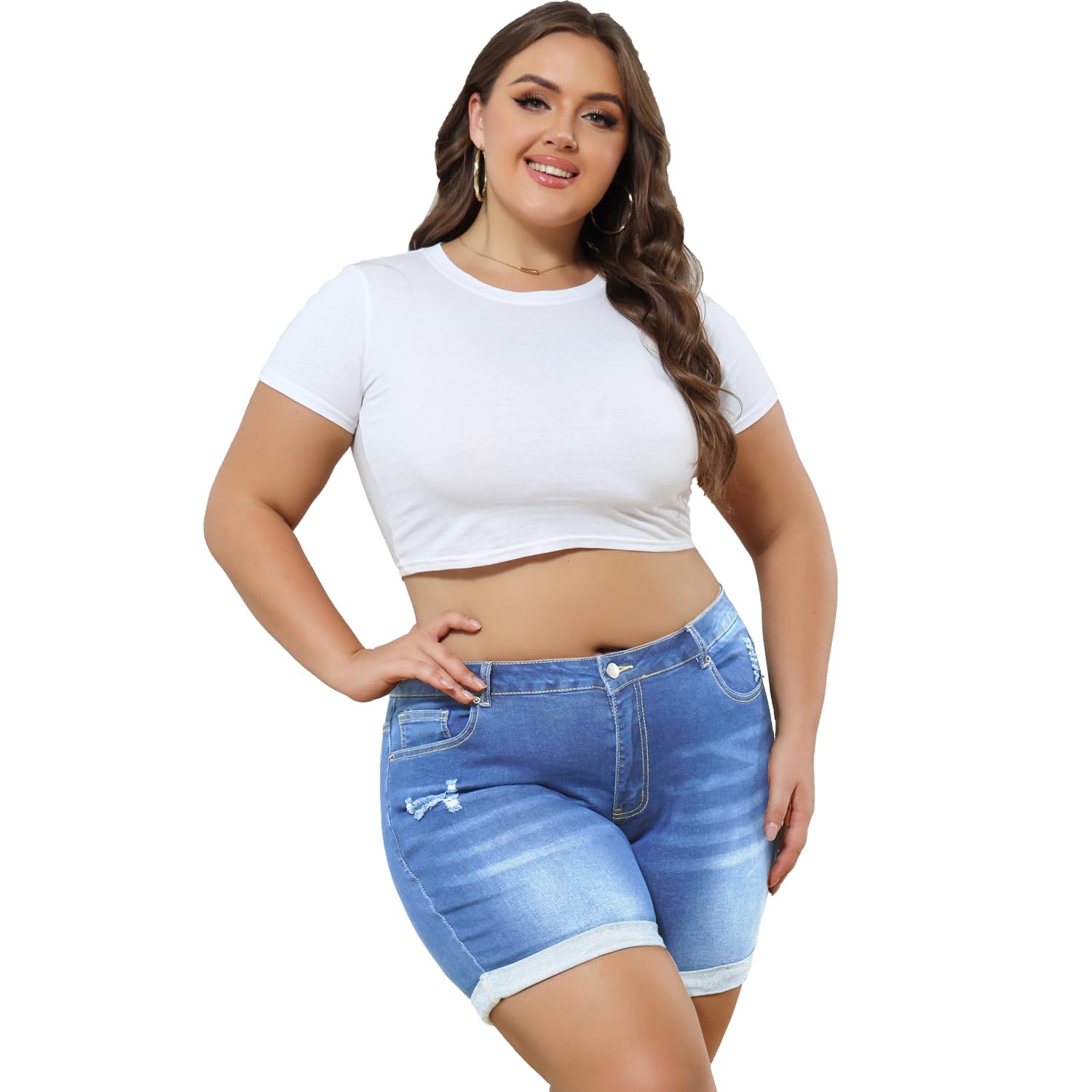 Plus Size Women's Ripped Denim Jean Shorts - High Waisted Stretchy Folded Hem Denim Shorts for Casual Wear & Summer Outfits