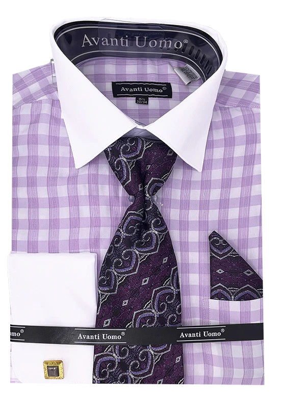 Lilac Checkered Dress Shirt with Cufflinks - Formal Office Wear & Business Attire for Men - Perfect for Weddings, Interviews and Professional Occasions