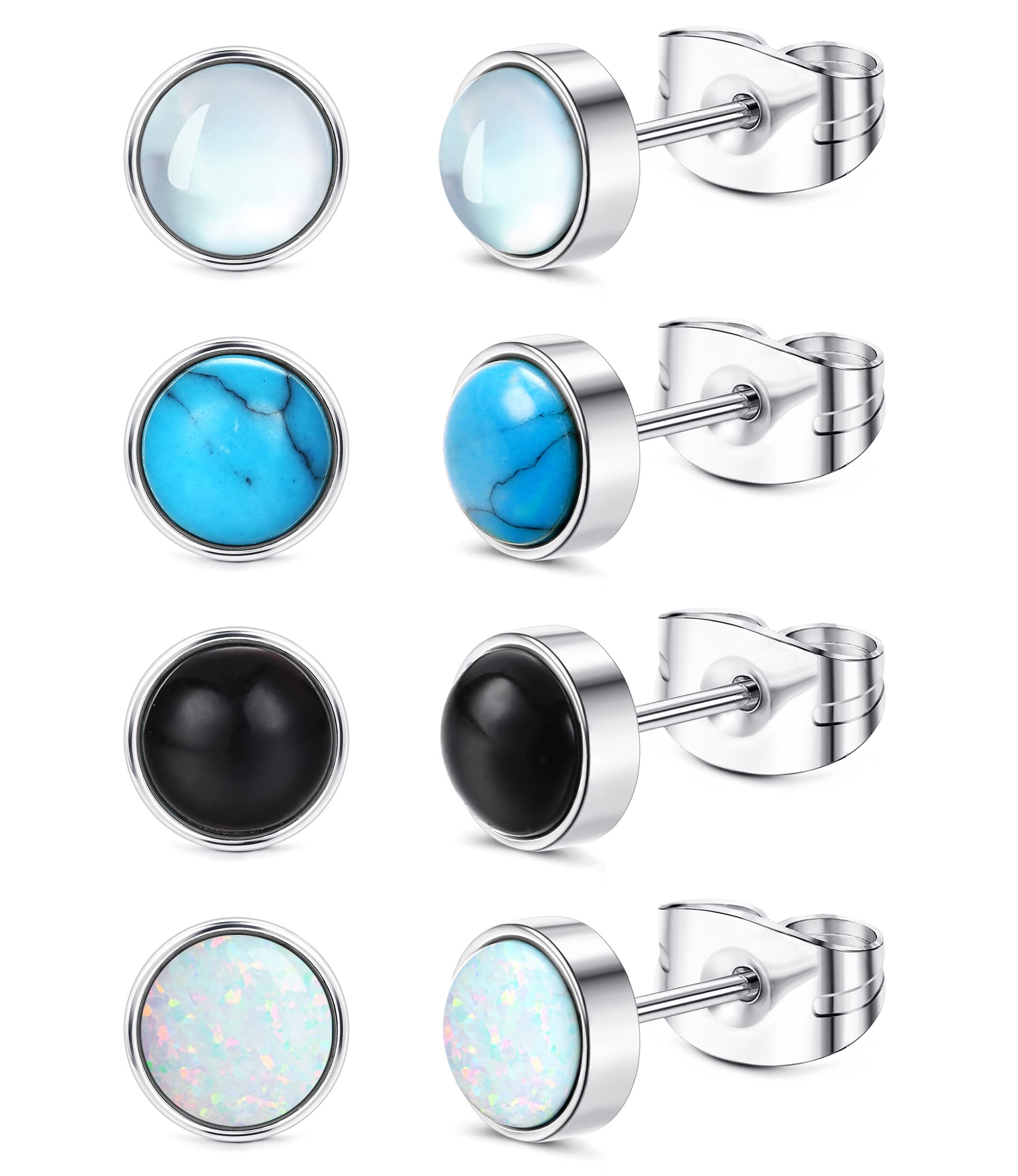 ADRAMATA 4 Pairs Stainless Steel Stud Earrings for Women - Moonstone, Turquoise, Opal & Black Onyx Studs | Hypoallergenic Jewelry for Everyday Wear, Gift Giving & Special Occasions