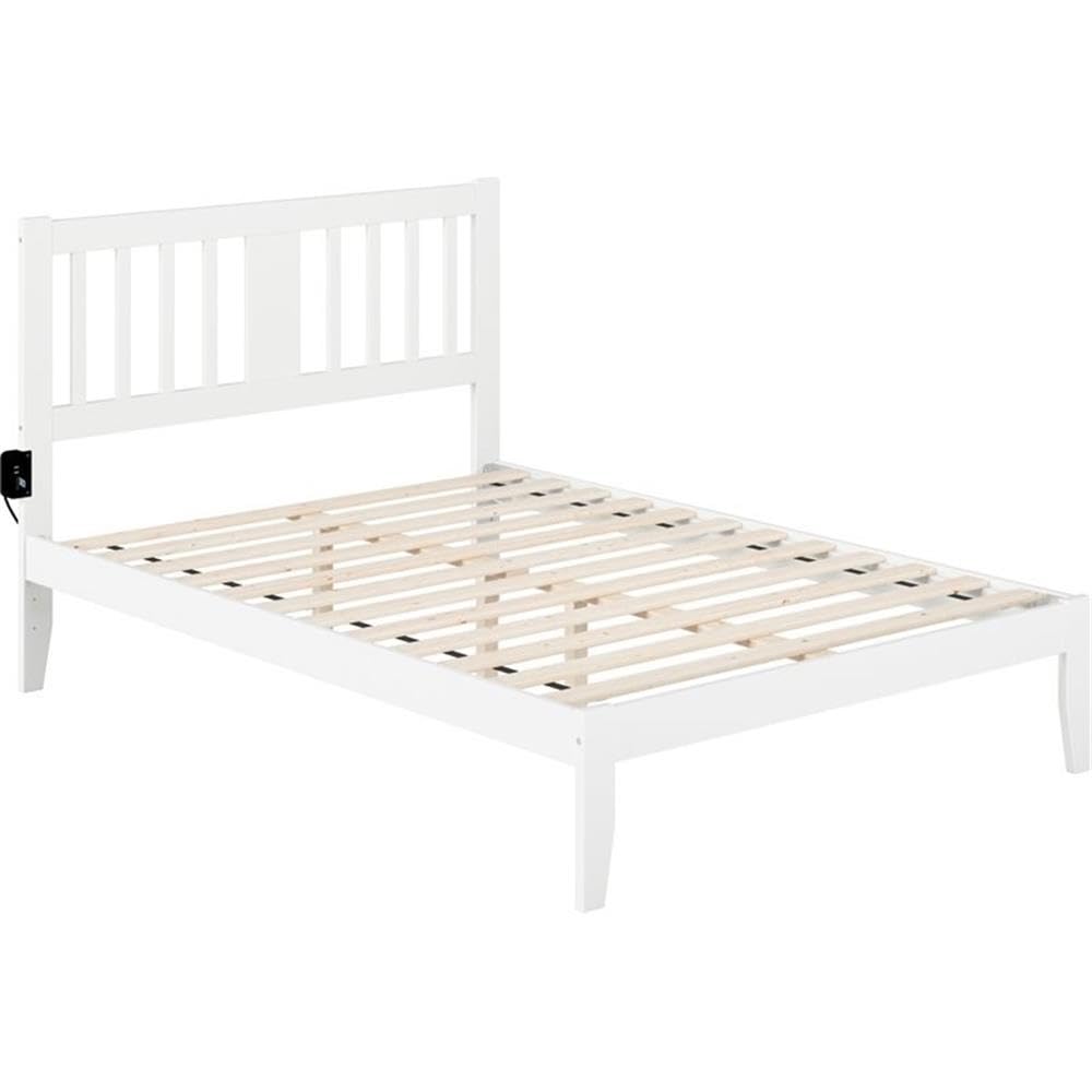 BOWERY HILL Full Size Spindle Bed Frame with USB Turbo Charging Ports - White Wooden Platform Bed for Modern Bedroom & Guest Room