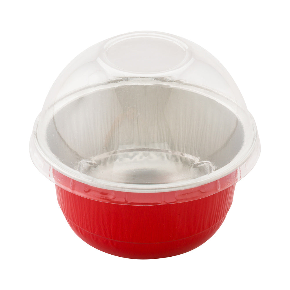 5 oz Round Red Aluminum Baking Cups with Plastic Dome Lids - 3.25