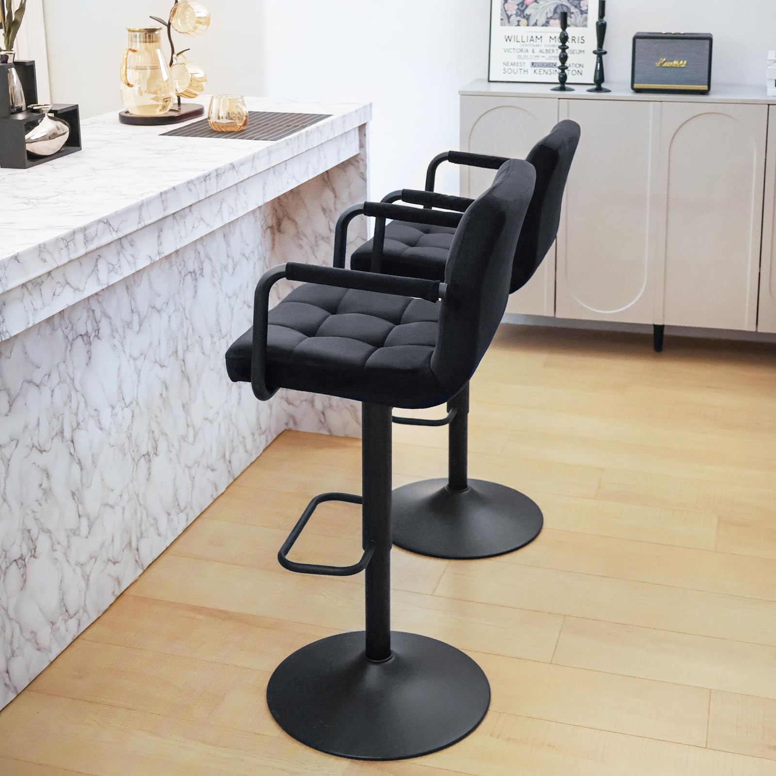 Furnimart Adjustable Swivel Bar Stools Set of 2 - Upholstered Counter Height Stools with Armrest & Footrest, Velvet Black - Perfect for Kitchen Island, Breakfast Bar & Dining Room Decor