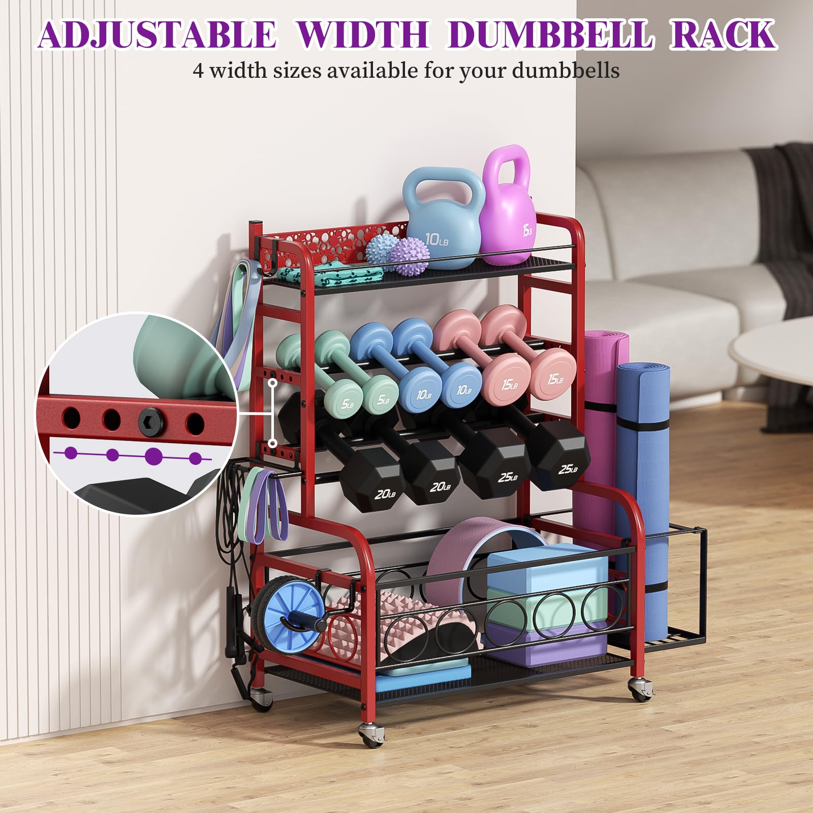 VOPEAK Adjustable Dumbbell Rack with Wheels - Heavy Duty Home Gym Storage Organizer for Dumbbells, Kettlebells & Yoga Mats - Perfect for Strength Training Equipment & Small Space Workout Areas - Ideal for Home Gym, Garage Fitness & Yoga Studio Organization
