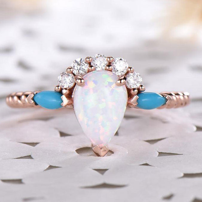 Vintage Art Deco Rose Gold Pear Shaped Opal Engagement Ring with CZ Diamond & Turquoise Accents – Elegant Bridal Jewelry for Women, Wedding, Promise, Anniversary Gift – Perfect for Proposals, Romantic Occasions & Special Celebrations