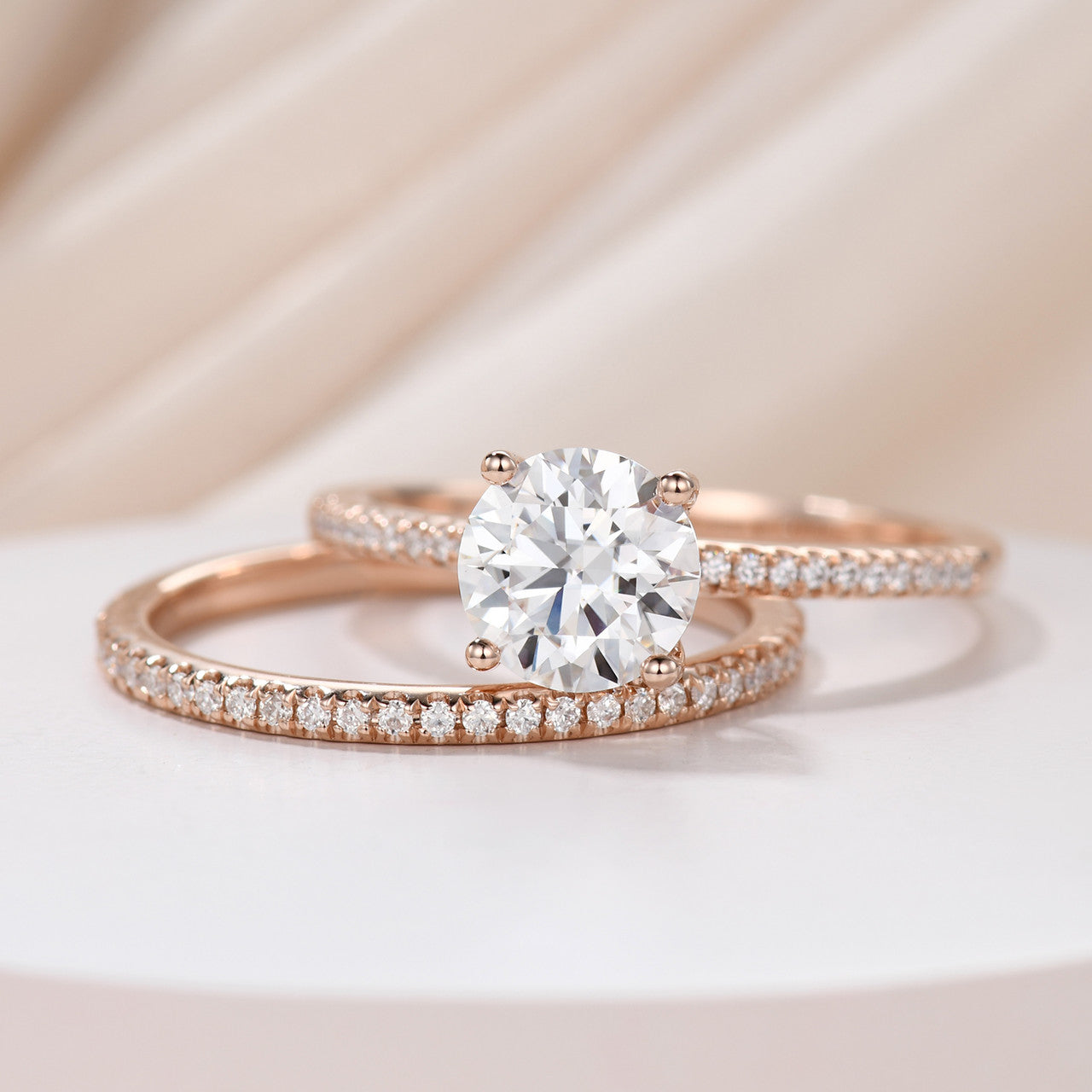 Moissanite Engagement Ring & Wedding Band Set - 7mm Round Solitaire Eternity Ring in 14K Rose Gold (D-E-F Colorless) | Perfect for Proposals, Anniversaries & Bridal Jewelry