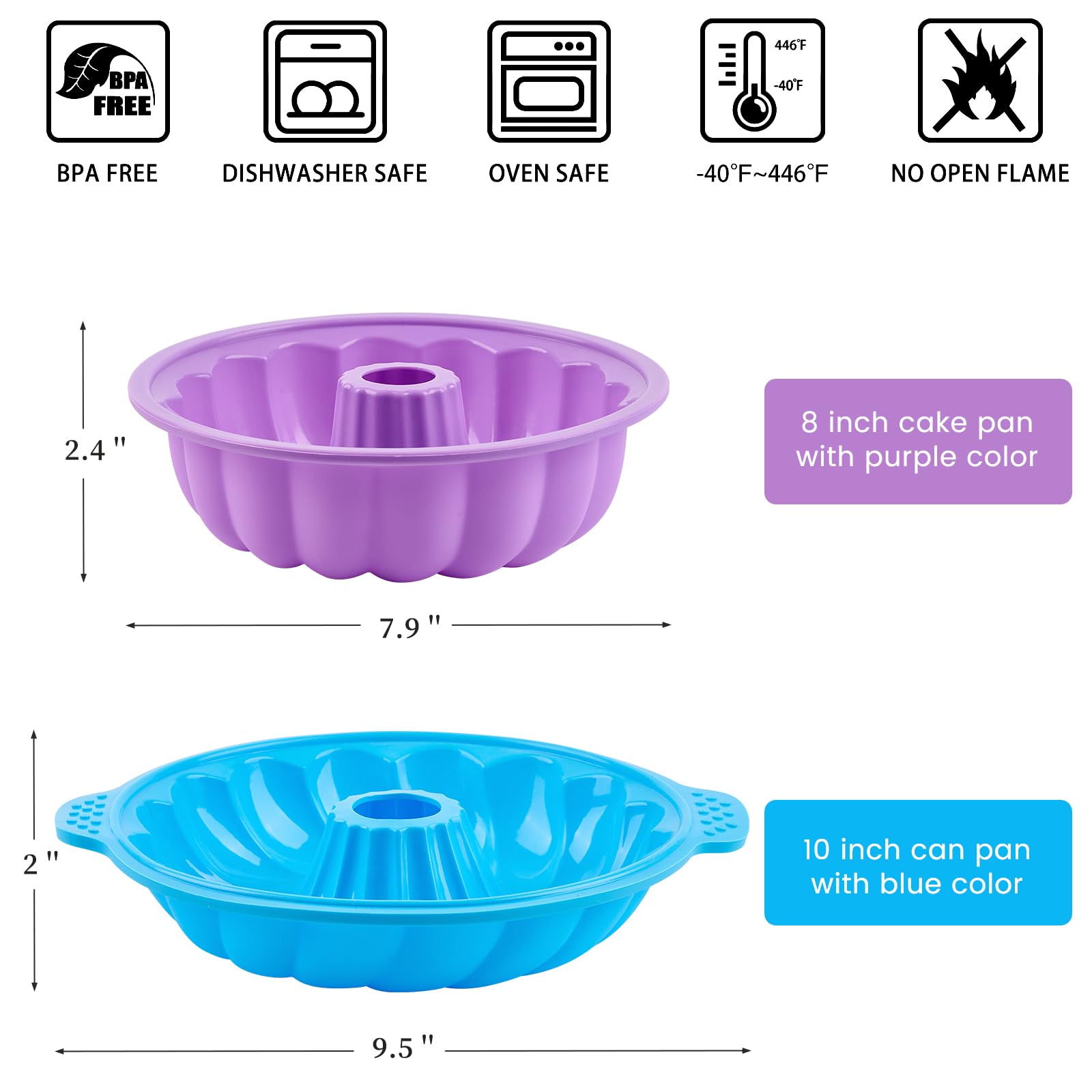 2 Pack Non-Stick Silicone Cake Pans - 8 & 10 Inch Baking Molds for Gelatin, Bundt Cake, Jello, Brownie, Cornbread | Perfect for Home Baking, Party Desserts & Holiday Cooking