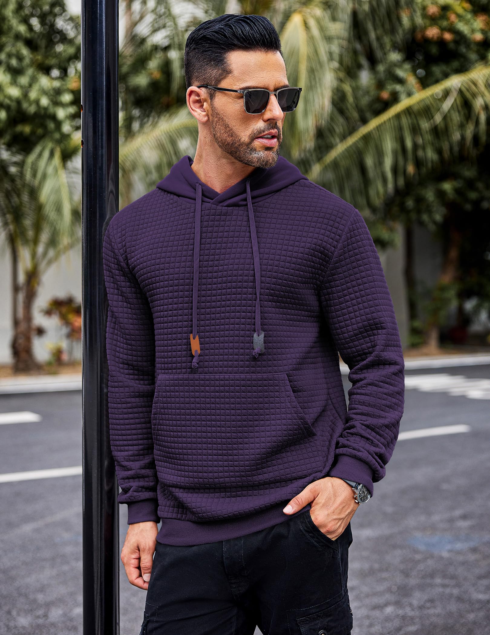 COOFANDY Men's Long Sleeve Waffle Knit Pullover Hoodie with Pocket - Casual Winter Warm Fleece Sweatshirt for Outdoor Activities & Streetwear Fashion