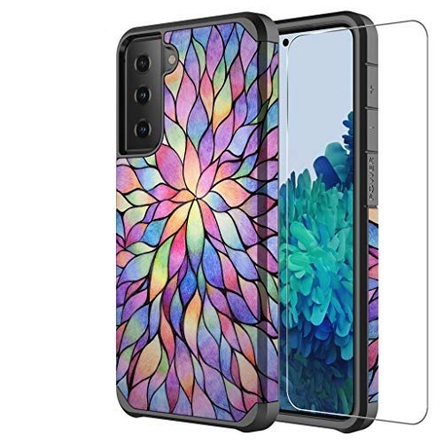 Samsung Galaxy S21 Case with TPU Screen Protector - Cute Glitter Rainbow Flower Design, Heavy Duty Dual Layer Defender Protective Cover for Women & Girls | Perfect for Everyday Use, Work, and Travel