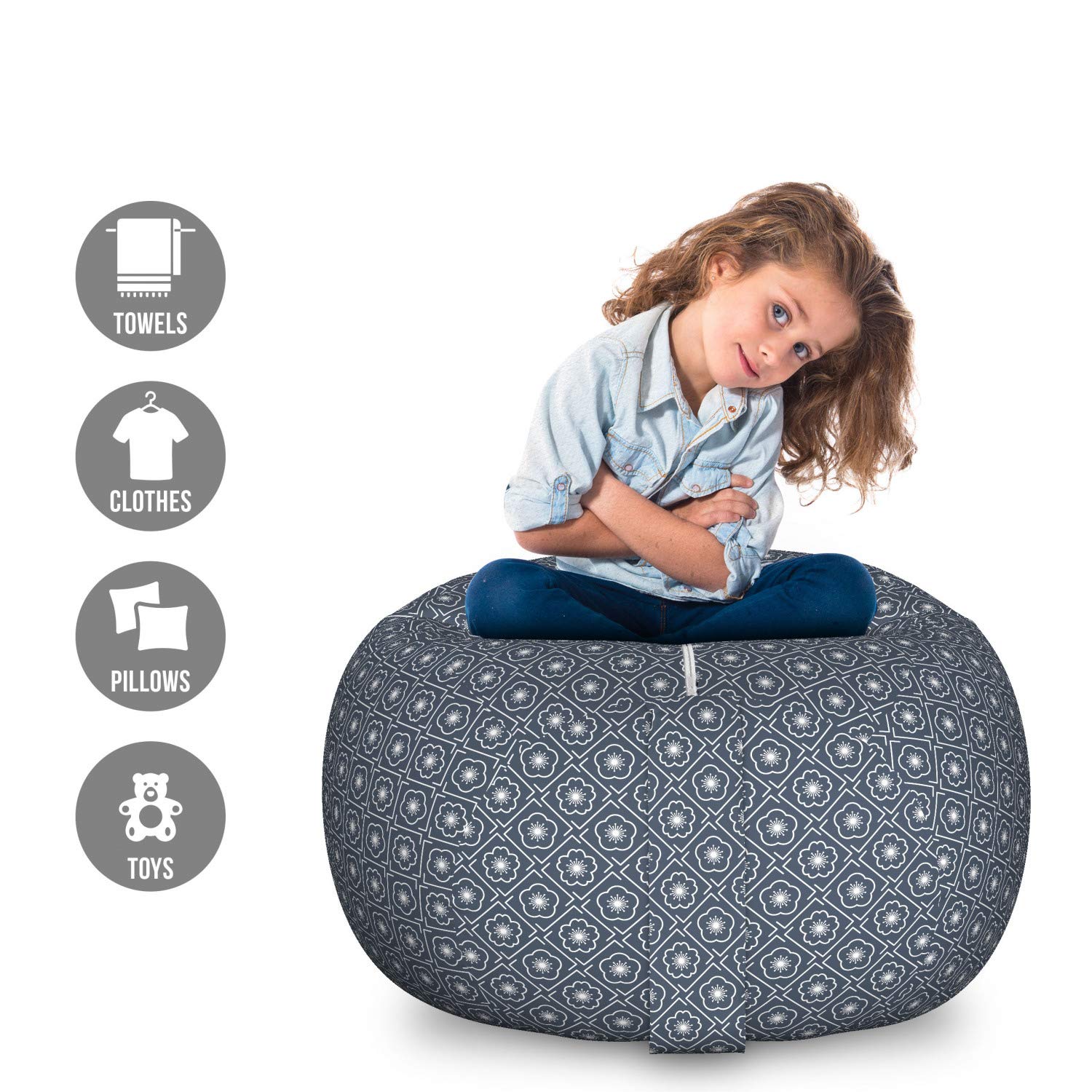 Ambesonne Japanese Storage Toy Bag Chair - Large Washable Stuffed Animal Organizer with Checked Diagonal Spring Flowers Pattern, Dark Blue Grey - Perfect for Kids' Room, Nursery, and Playroom Organization