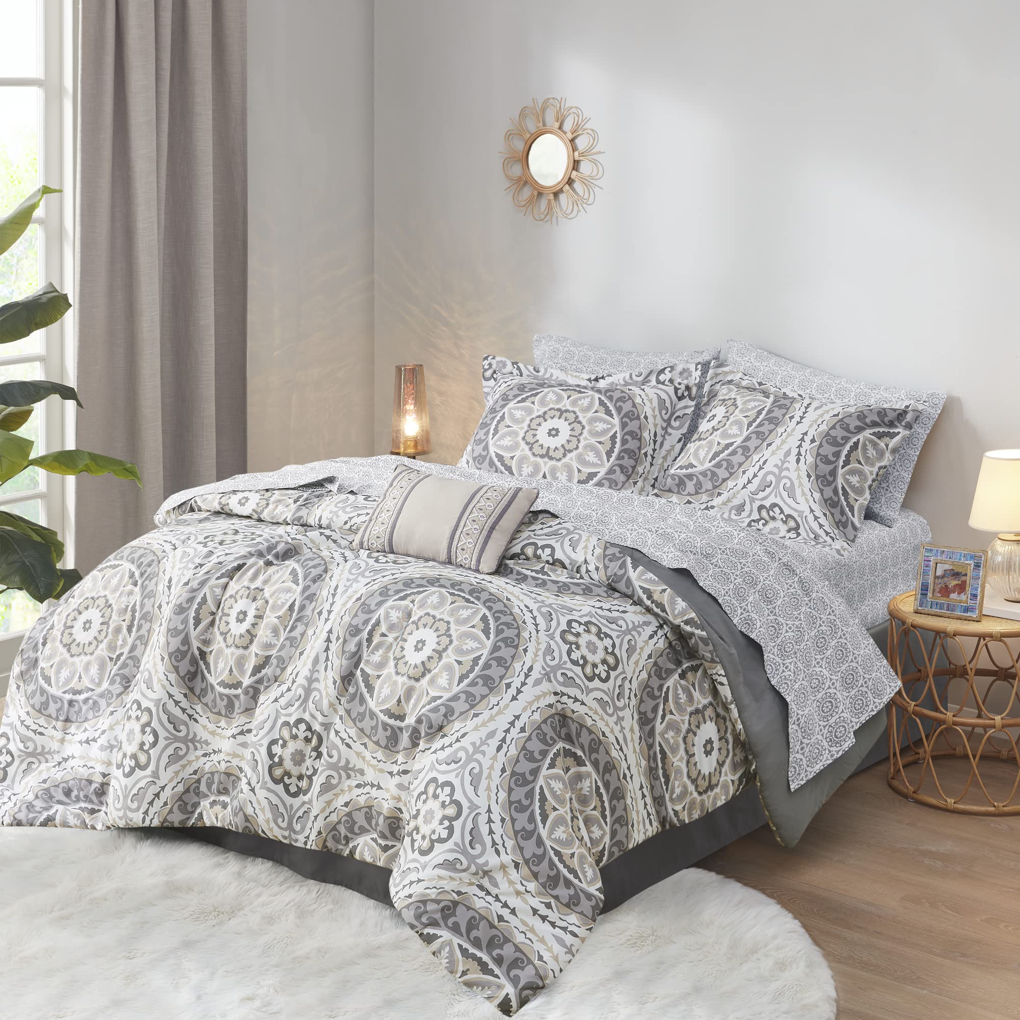 Madison Park Essentials Serenity 9-Piece Queen Bed in a Bag Comforter Set - Medallion Damask Design, All-Season Cotton Bedding with Sheet Set & Bedskirt (90