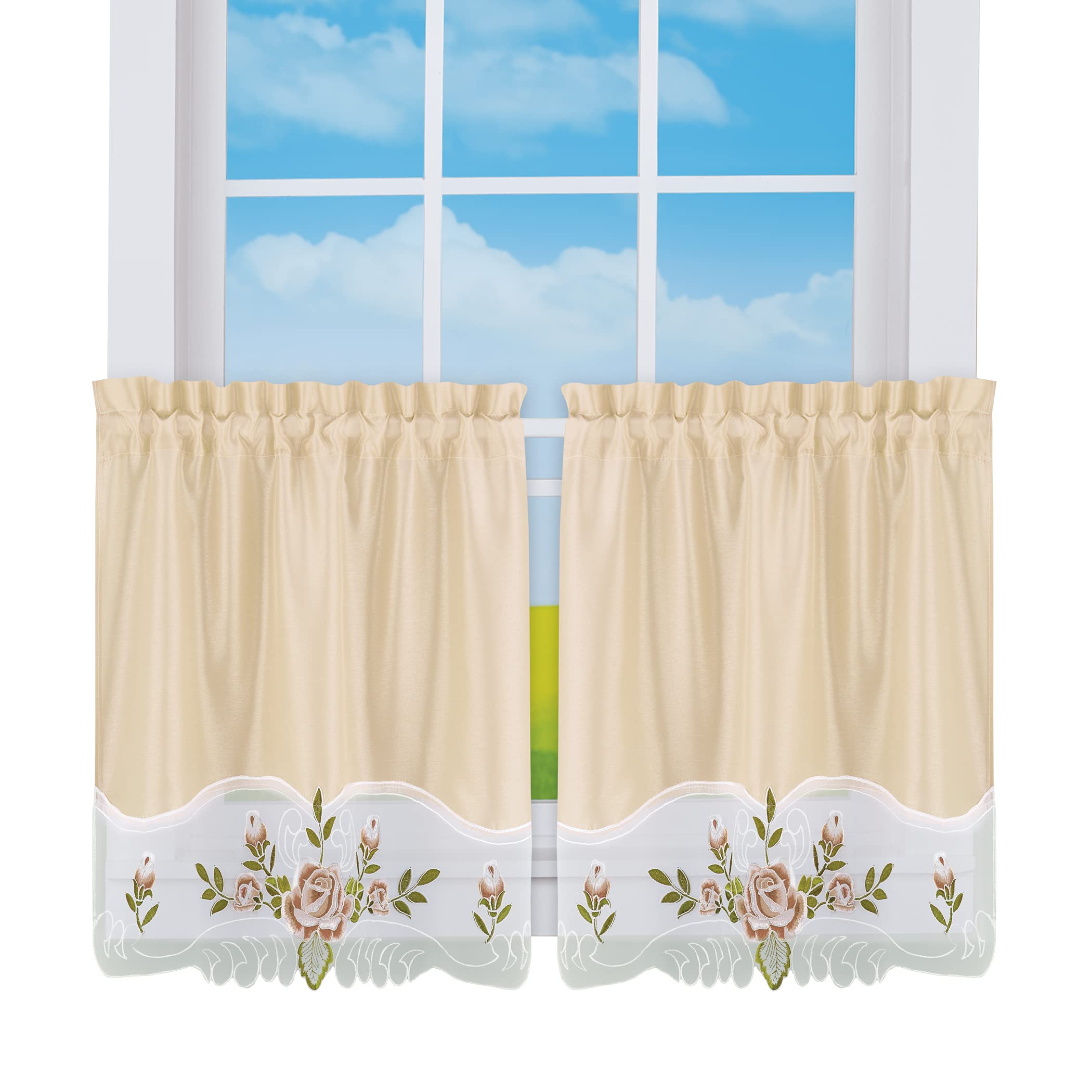 Elegant Rose Trim Embroidered Rod Pocket Window Curtains for Living Room & Bedroom - Home Decor Blackout Drapes