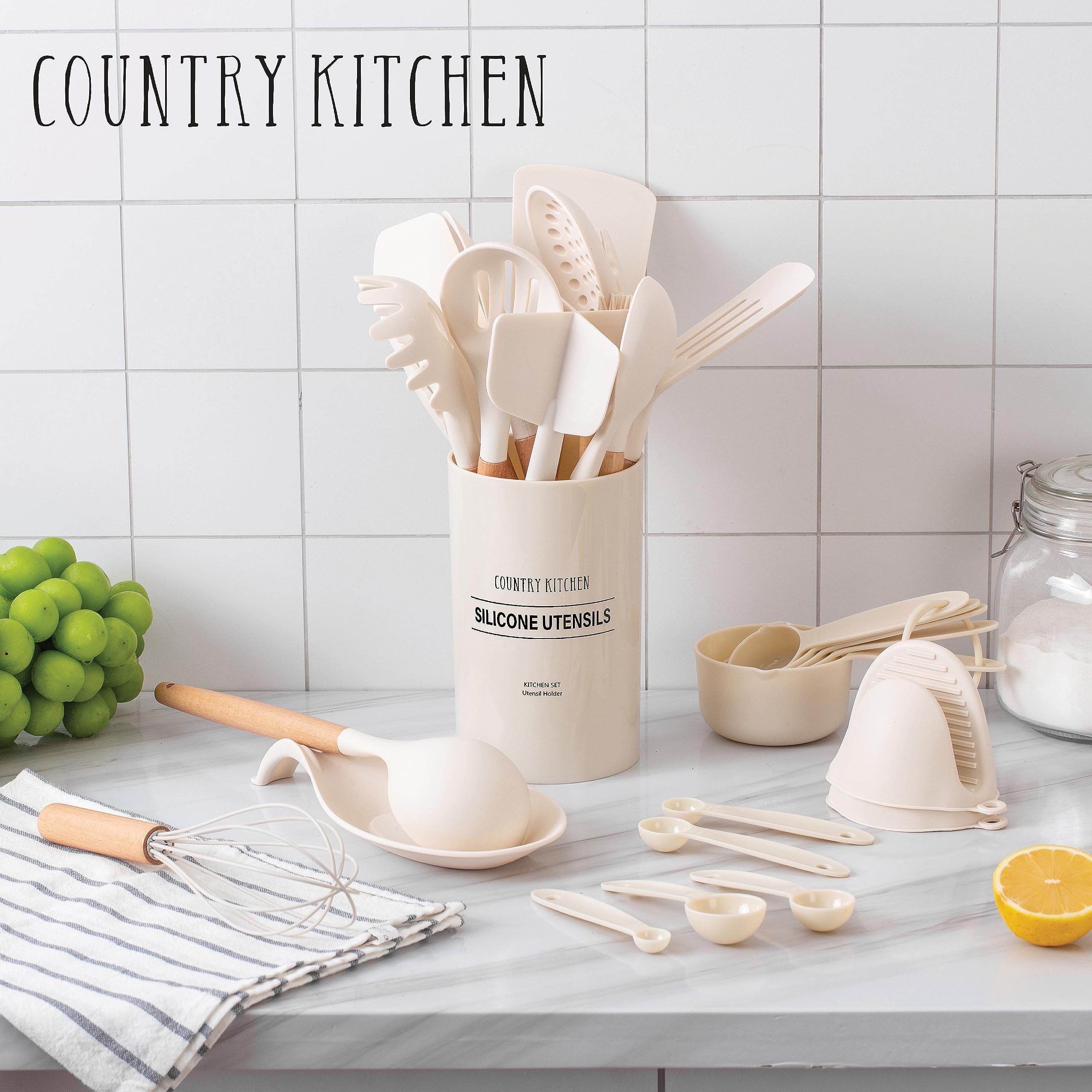 Non-Stick Silicone Cooking Utensil Set with Wooden Handles - 38-Piece Kitchen Tool Set for Baking, Frying & Stirring - Country Style Khaki Utensils for Home Chefs & Professional Cooks | Perfect for Everyday Cooking, Meal Prep & Gift Giving