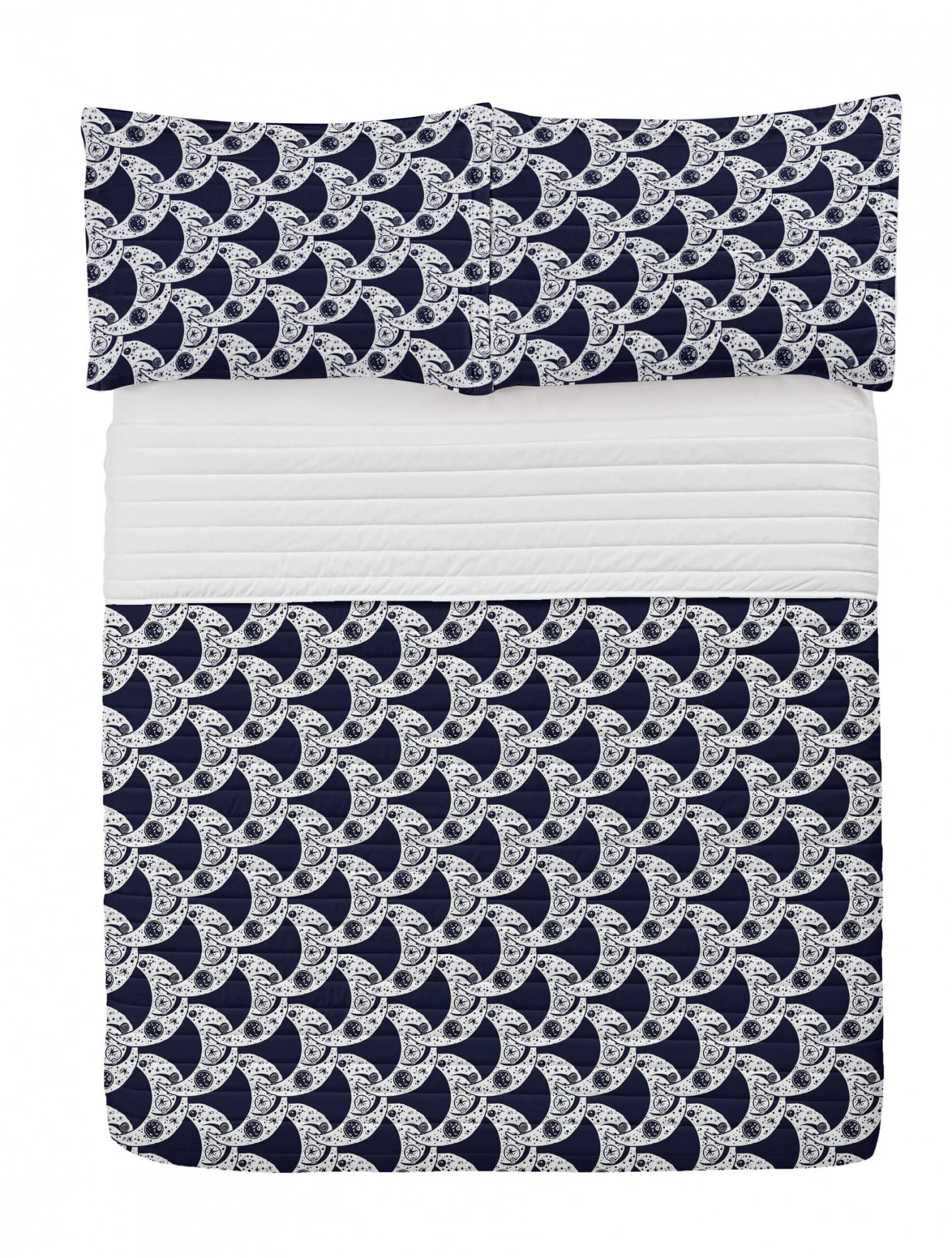 Ambesonne Bohemian Microfiber Bedspread Set - Crescent Moon Ethnic Pattern, Celestial Sky Design, Soft Queen Size Bedding with Pillow Shams & Comforter in Dark Petrol Blue & White | Perfect for Boho Chic Bedrooms, Guest Rooms & Dorm Decor
