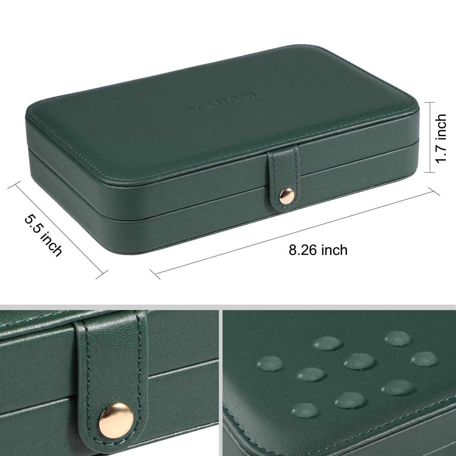 LANDICI Small Jewelry Box for Women & Girls - PU Leather Travel Jewelry Organizer Case with Storage Compartments for Rings, Earrings, Necklaces, Bracelets & Watches - Perfect Gift for Her, Birthday, Anniversary & Travel Accessories (Blackish Green)