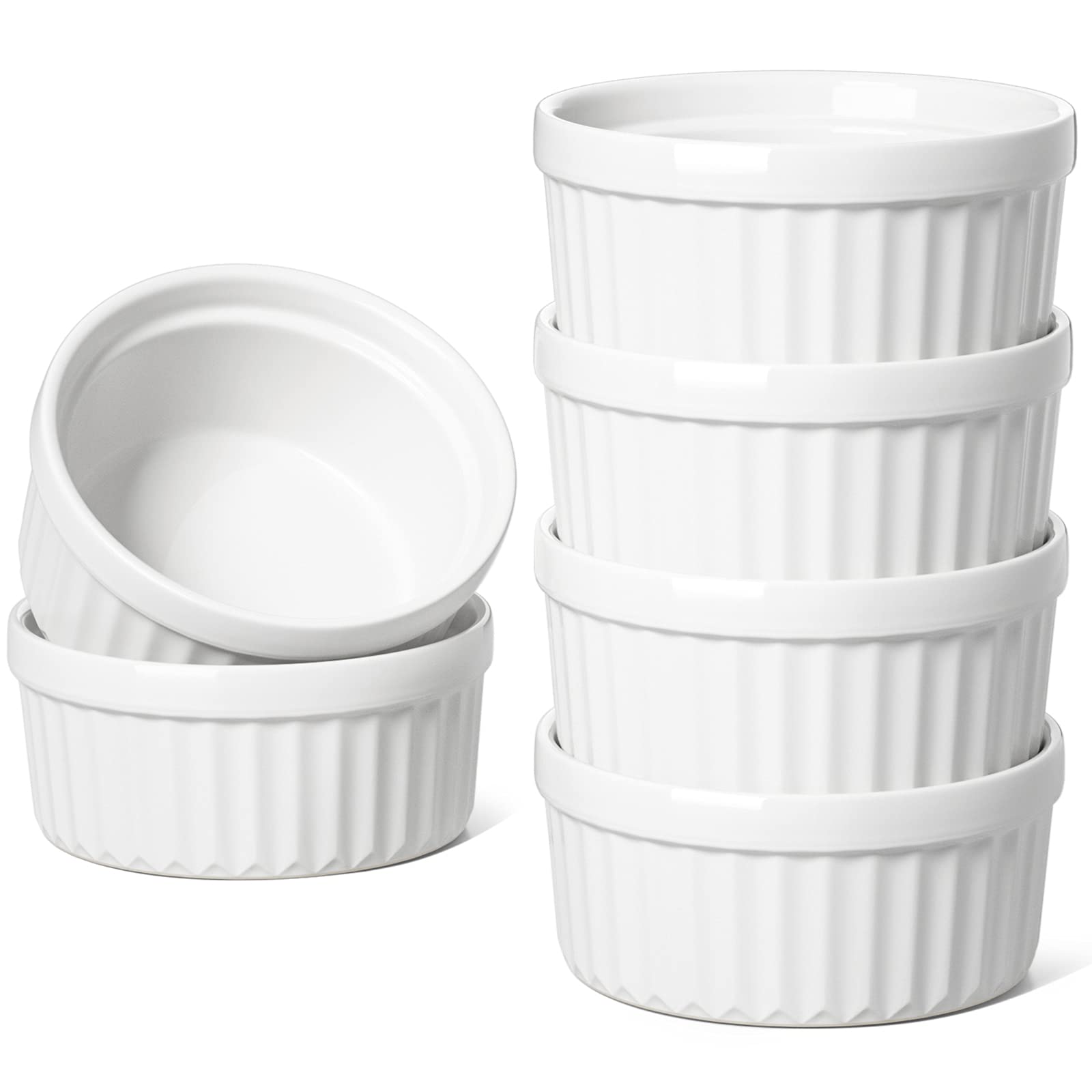 LE TAUCI 4 OZ Ceramic Ramekins Set of 6 - Oven Safe Creme Brulee Cups, Souffle Dishes & Pudding Bowls - Perfect for Baking, Desserts & Dipping Sauces - White