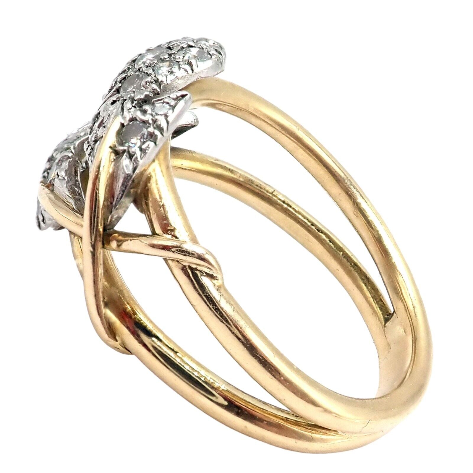 Authentic Tiffany & Co. Schlumberger Diamond Ring in 18K Yellow Gold & Platinum - Elegant Two Leaf Design for Weddings, Anniversaries & Special Occasions