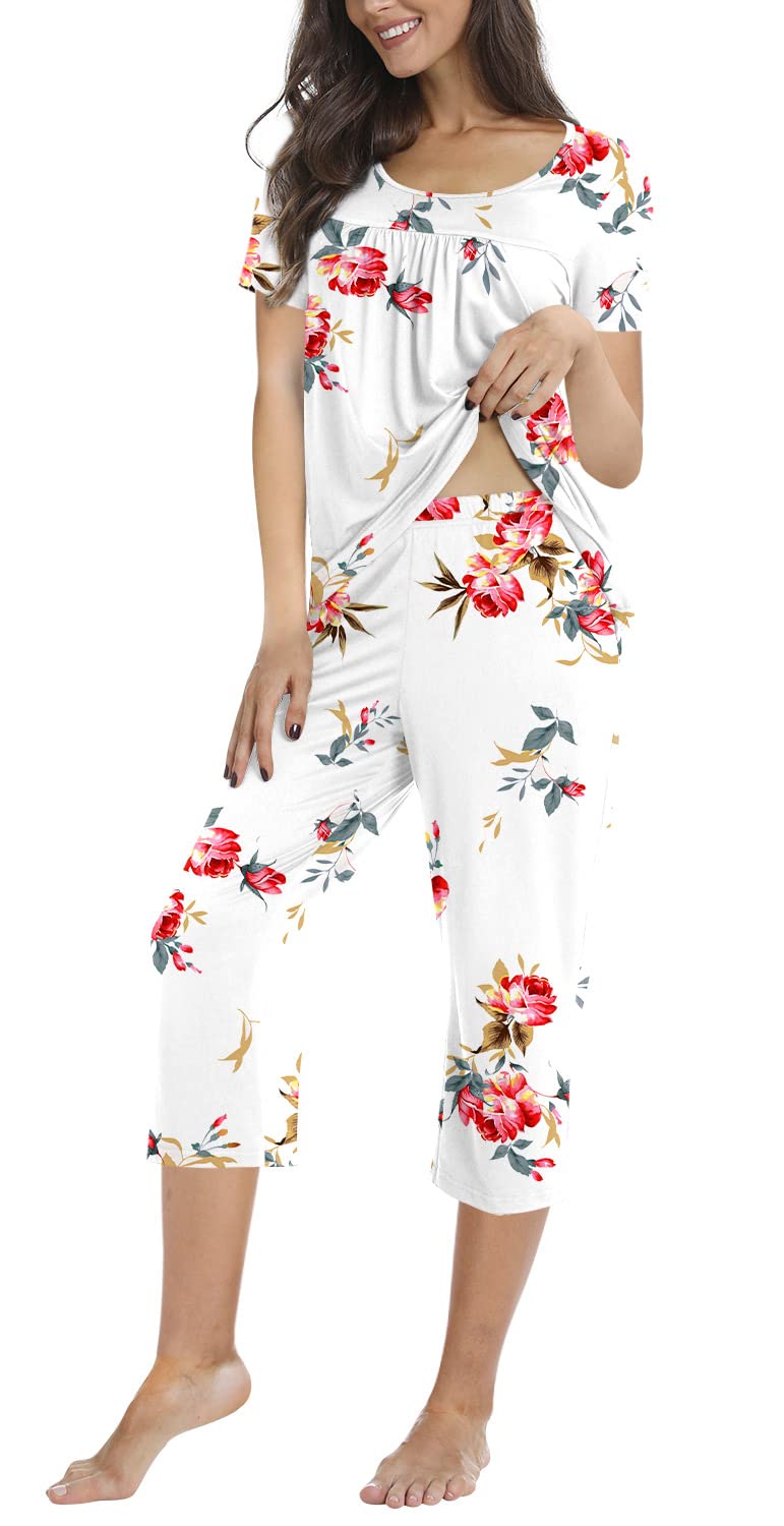 POPYOUNG Women's Summer Pajama Set - 2 Piece Loungewear with Pockets, Soft Sleepwear & Comfortable Capri Pjs for Nightwear, Lounge & Relaxation at Home