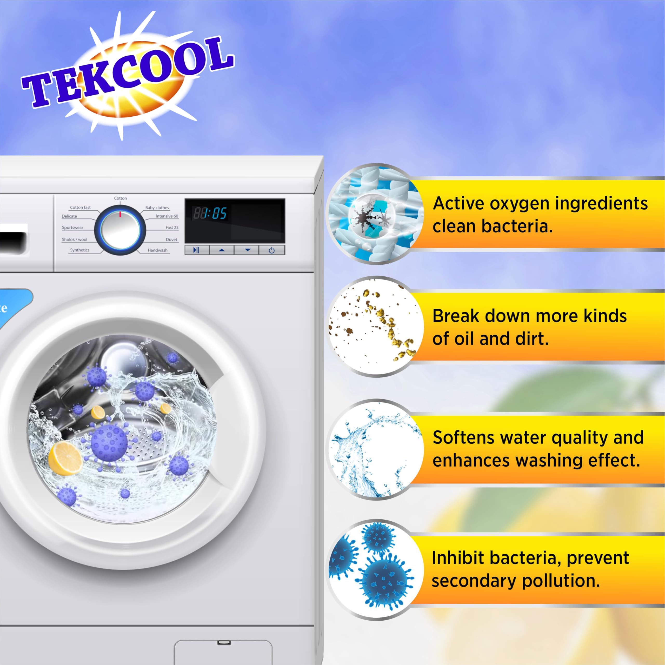 TEKCOOL Washing Machine Cleaner Tablets - 12 Pack Descaling Powder for Deep Cleaning Front & Top Load Washers | Lemon Scented | Removes Odor, Mold & Residue | Ideal for Laundry Maintenance & Appliance Care