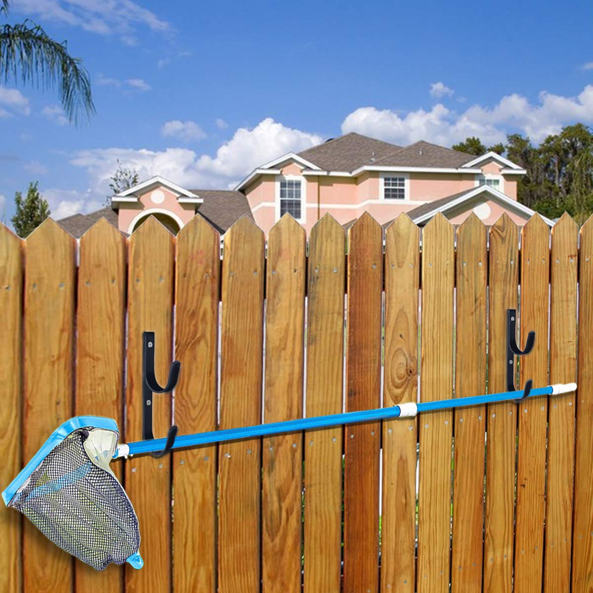 2-Pack Heavy Duty Black Aluminum Pool Pole Hangers with Screws - Durable Hook Holders for Swimming Pool Accessories, Telescopic Poles, Skimmers, Nets, Brushes & Vacuum Hoses - Perfect for Pool Maintenance & Cleaning