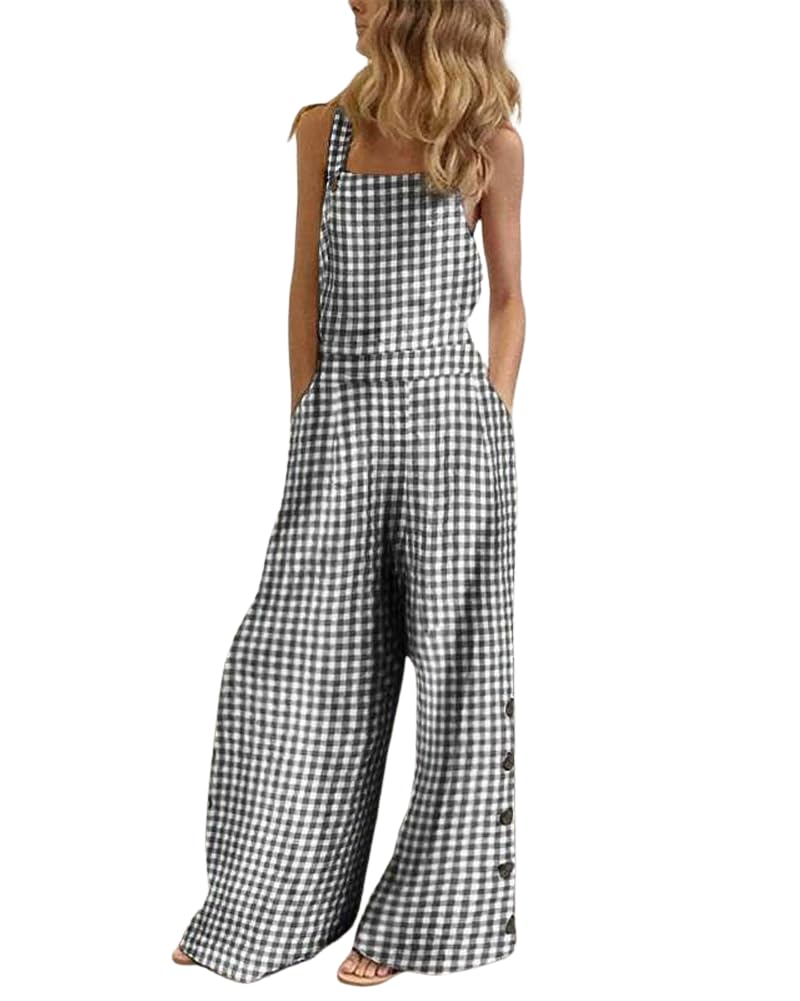 Women's Casual Spaghetti Strap Plaid Wide Leg Jumpsuit with Pockets - Stylish Bib Overall Palazzo Pants for Summer Outings, Beach Vacations and Daily Wear