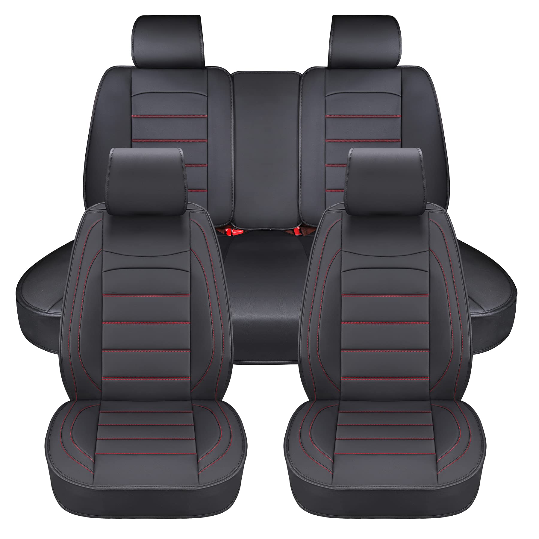 Premium Universal Leather Car Seat Covers Full Set - Waterproof Leatherette Auto Seat Protectors for SUV, Truck & Sedan | Black & Red | Perfect for Road Trips & Daily Commuting