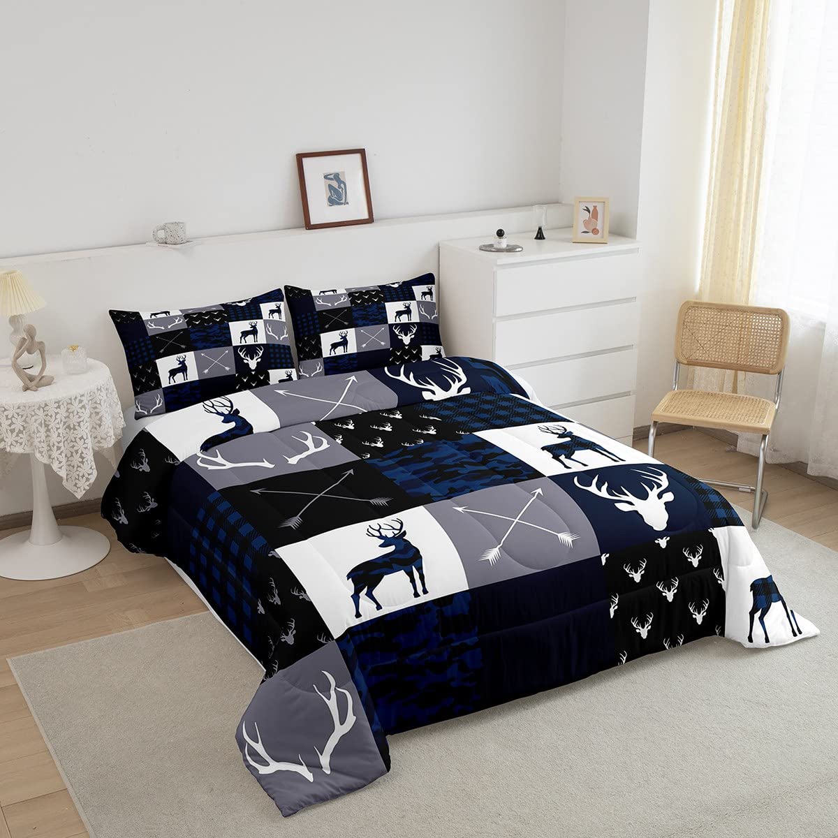 Manfei Camo Deer Antlers Comforter Set Twin - Geometric Plaid Patchwork Bedding 2pc for Kids & Teens (Blue Grey) | Boho Arrow Christmas Quilt with Duvet Insert & Pillowcase | Perfect for Boys/Girls Room Decor & Holiday Gift