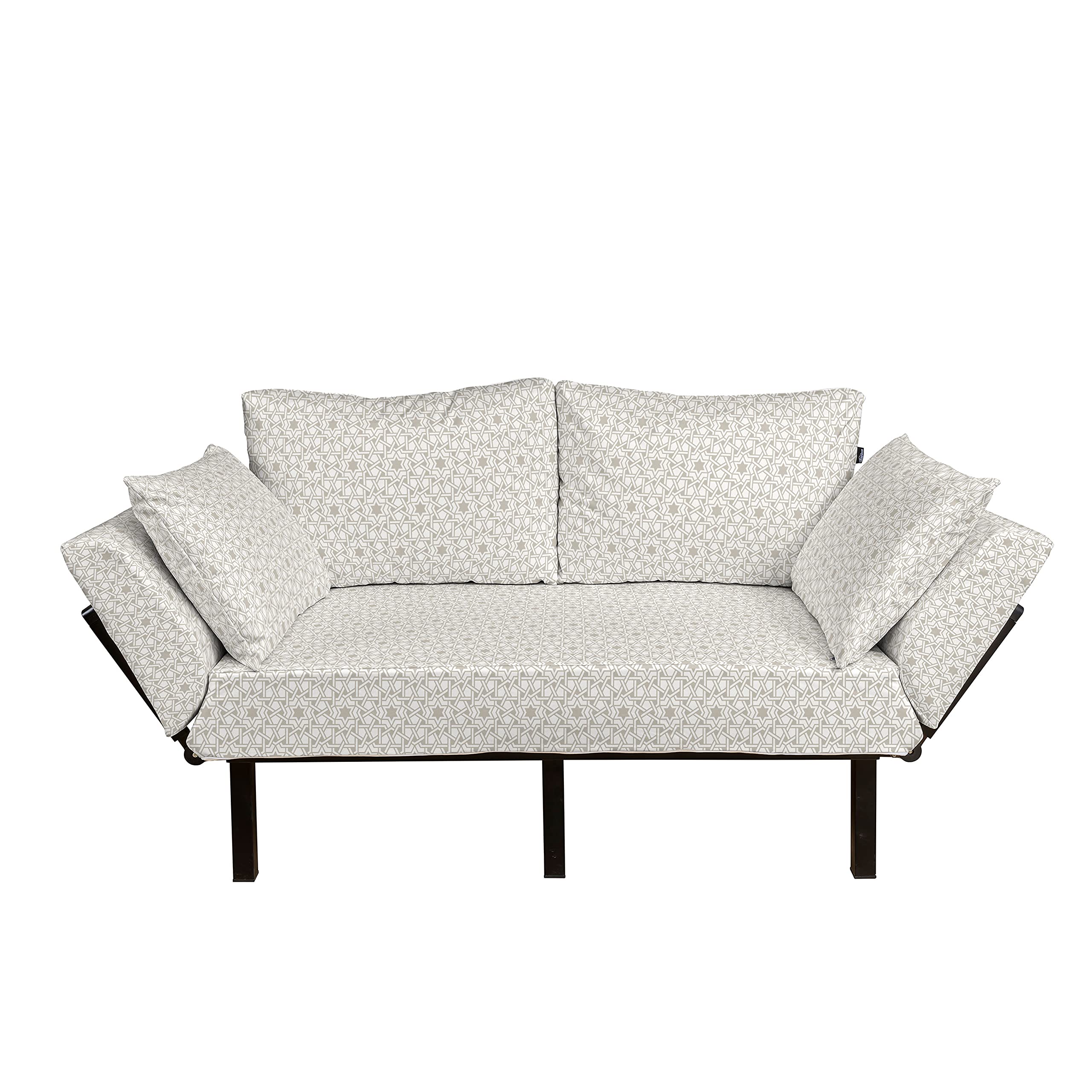 Ambesonne Moroccan Futon Couch - Classic Line Pattern with Stars & Oriental Motifs, Upholstered Daybed with Metal Frame - Taupe White Loveseat for Living Room, Dorm, Office & Guest Room