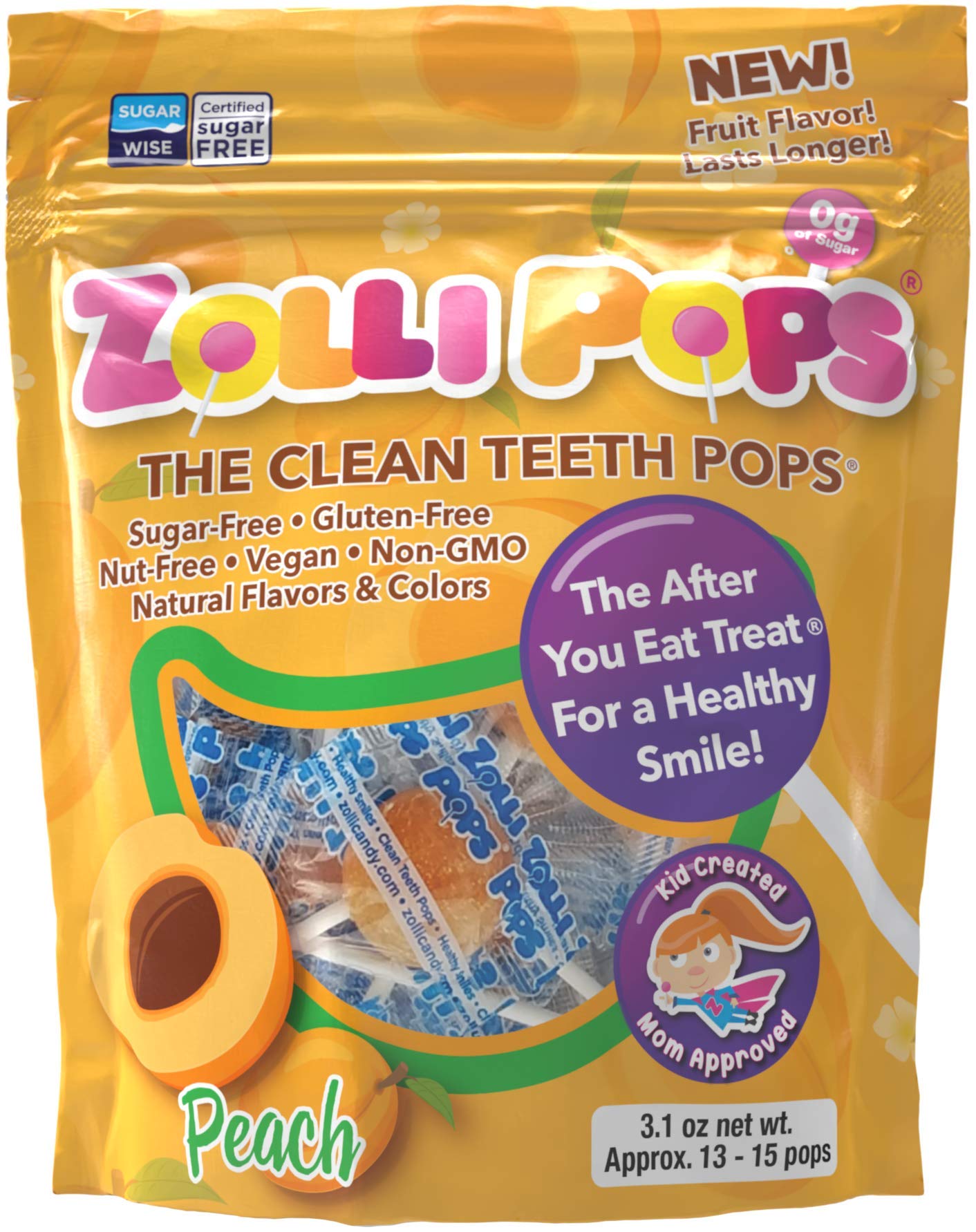 Zollipops Sugar-Free Peach Lollipops for Clean Teeth - 3.1 Oz Pack | Dentist-Recommended, Xylitol Sweetened | Perfect for Kids' Lunchboxes, Party Favors & Healthy Snacking