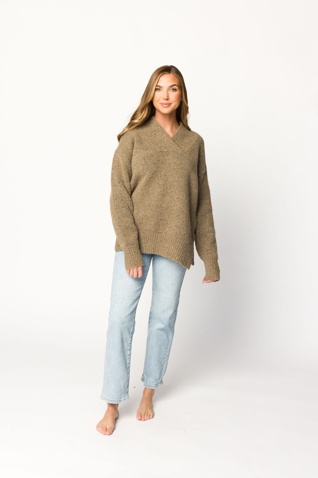 Jordan Women's V-Neck Slouchy Soft Knit Sweater - Cozy Oversized Pullover in Taupe for Casual Wear & Fall Outfits
